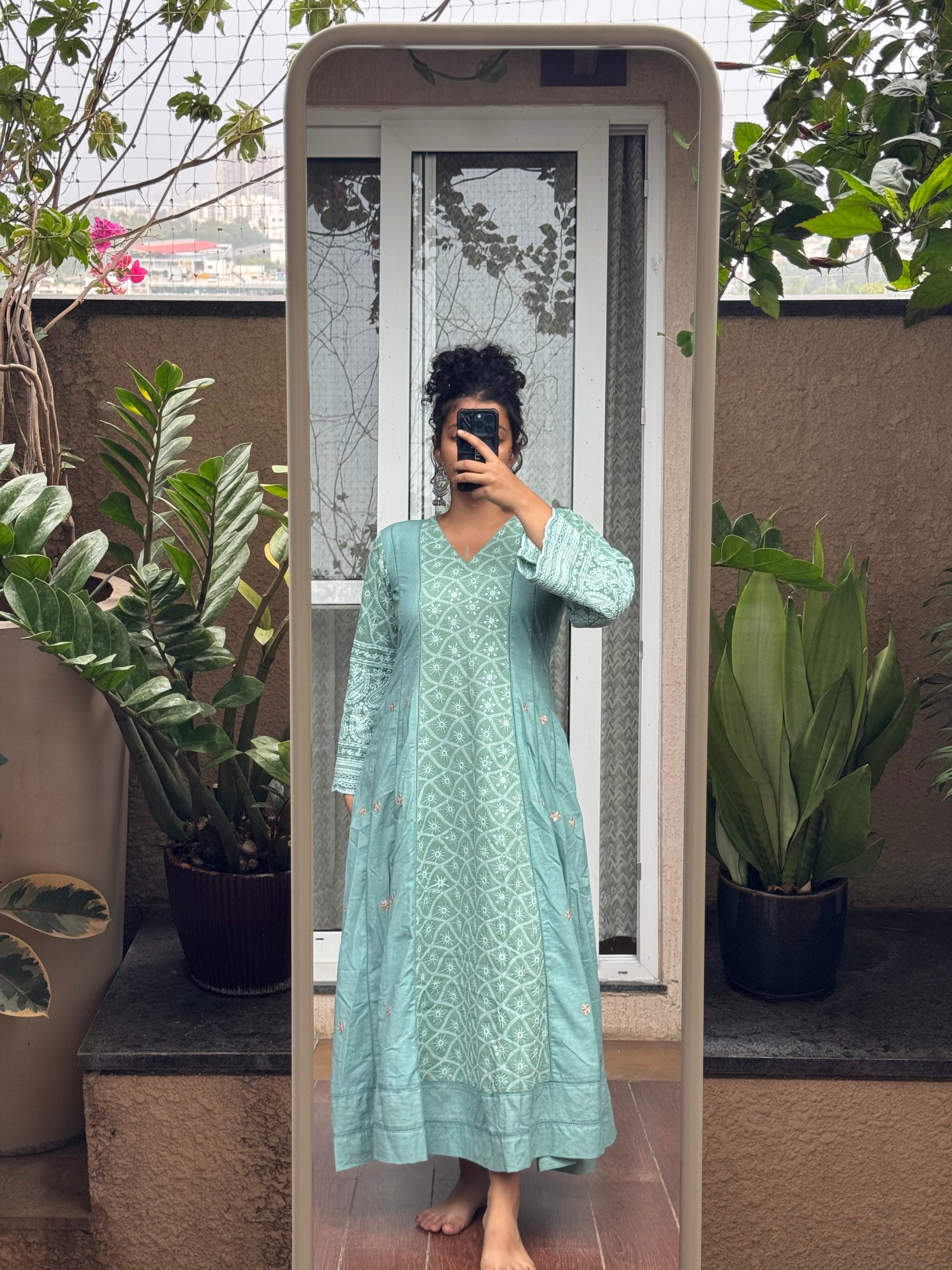 Saroj Jain Sea Green Chikankari Dress Featuring Geometric Star Jaal Center Panel Hand Work