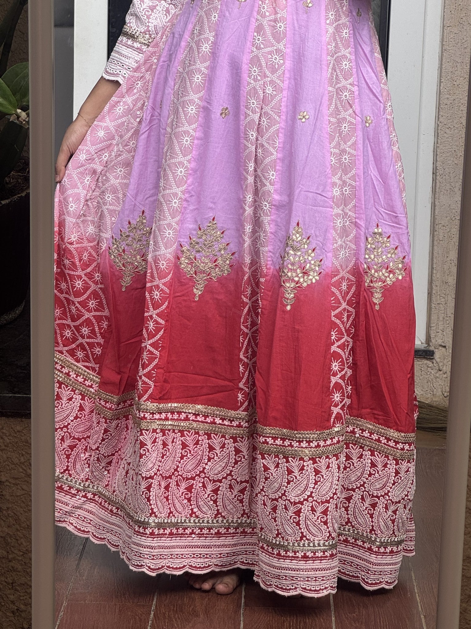 Saroj Jain Ombre Lavender Pink and Crimson Red Lucknowi Chikankari Anarkali Gown back angle.