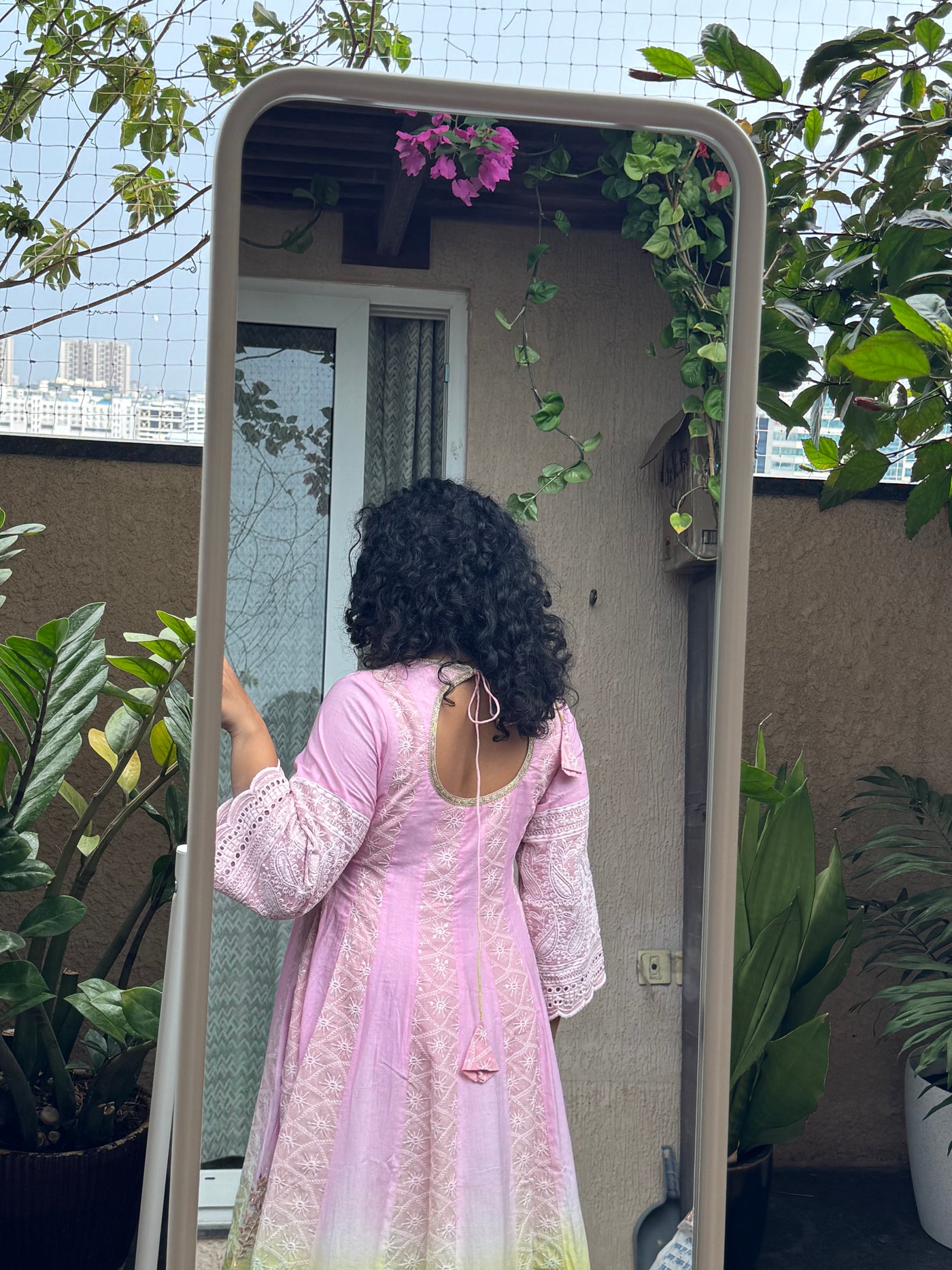 Saroj Jain Ombre Chikankari Anarkali Back Neck Design with Adjustable Dori and Sleeve Lace Detail