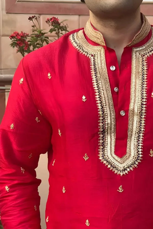 Why Texture is the Truth of 2027 Men's Ethnic appropriately - Red Moscow Silk Kurta Set for Men