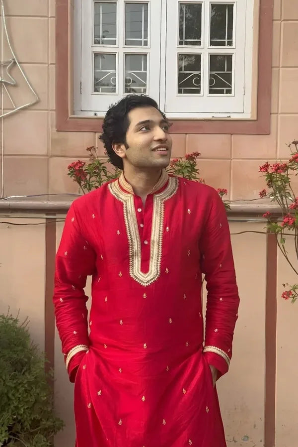 The 2027 Men's Ethnic Masterclass: Red Silk Dominance - Red Moscow Silk Kurta Set for Men