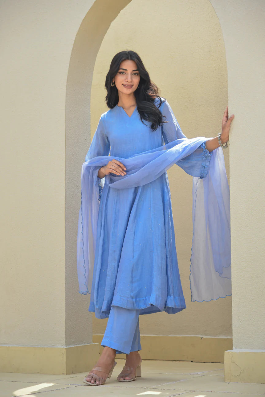 The Psychology of Radiance: Why Mukesh Sparkles Win in Sales - Ice Blue Mukesh Kurta Set