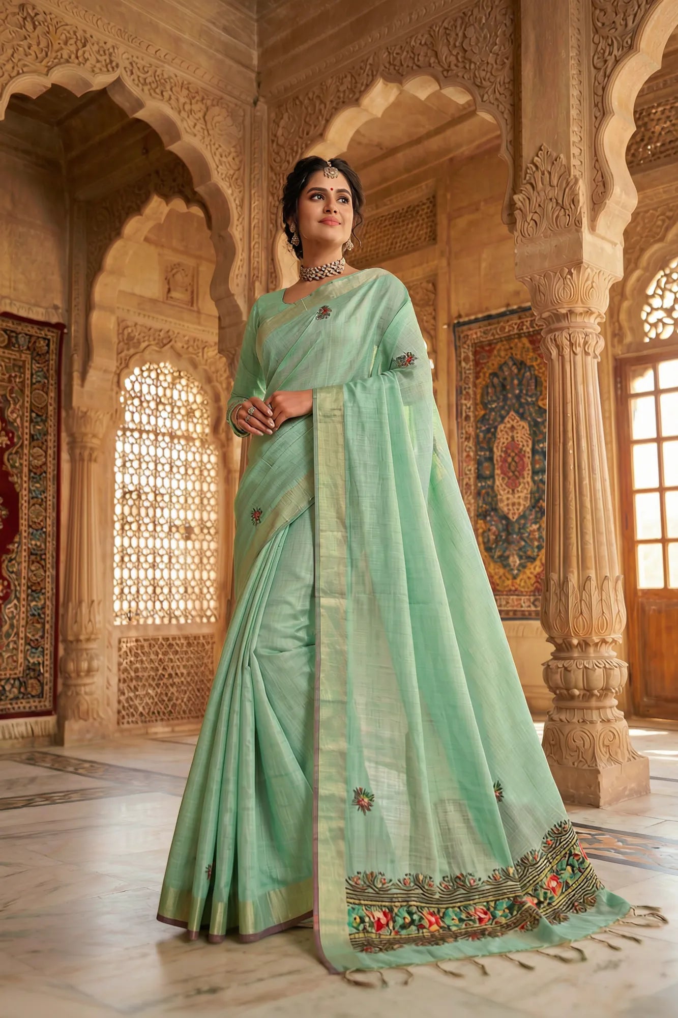 Saroj Jain Sea Green Hand-Painted Saree with Floral Motifs View 10