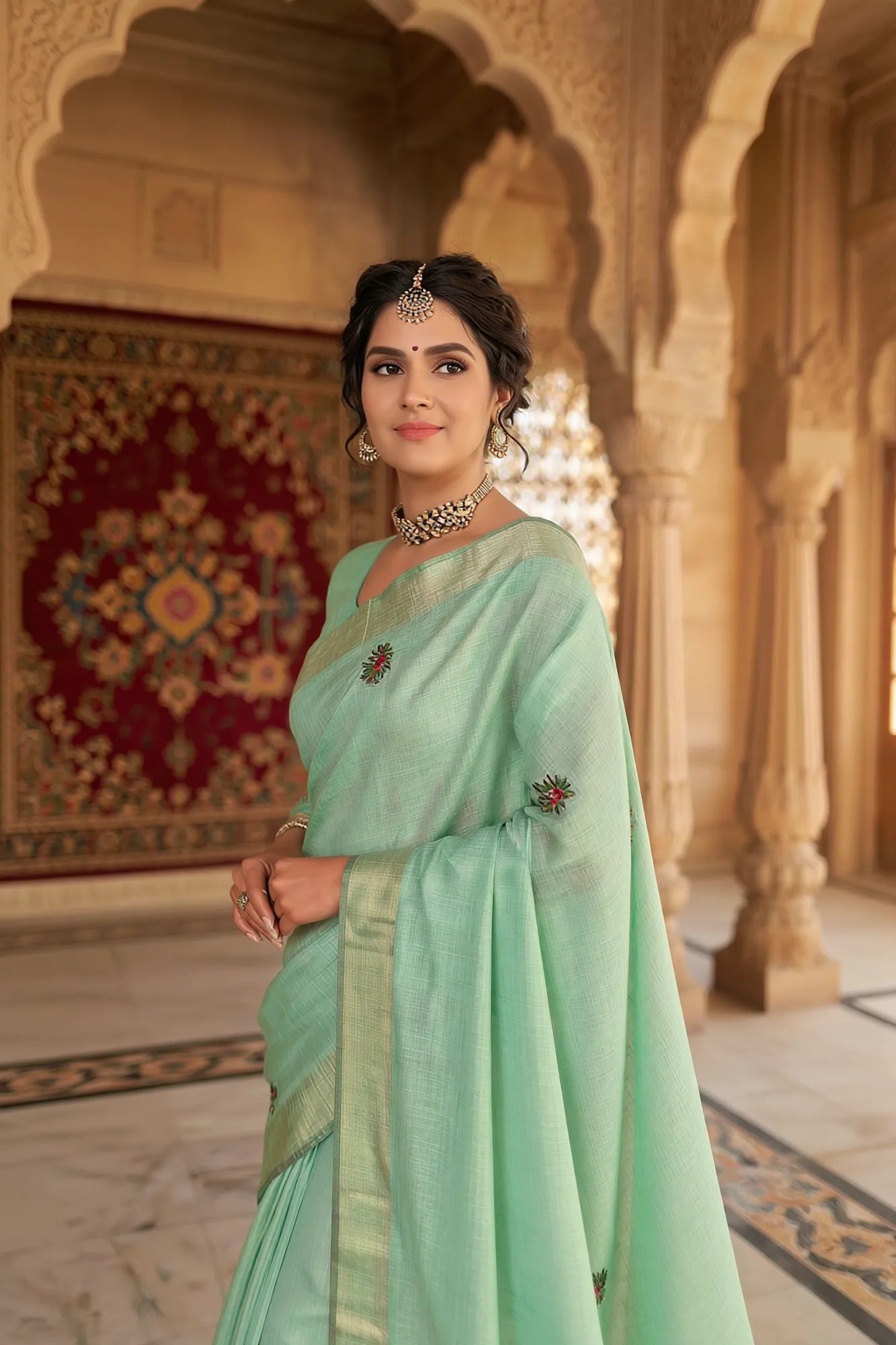 Saroj Jain Sea Green Hand-Painted Saree with Floral Motifs View 12