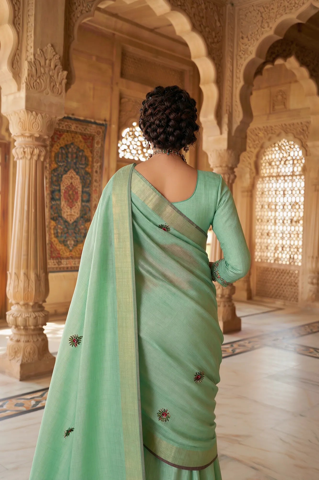 Saroj Jain Sea Green Hand-Painted Saree with Floral Motifs View 16