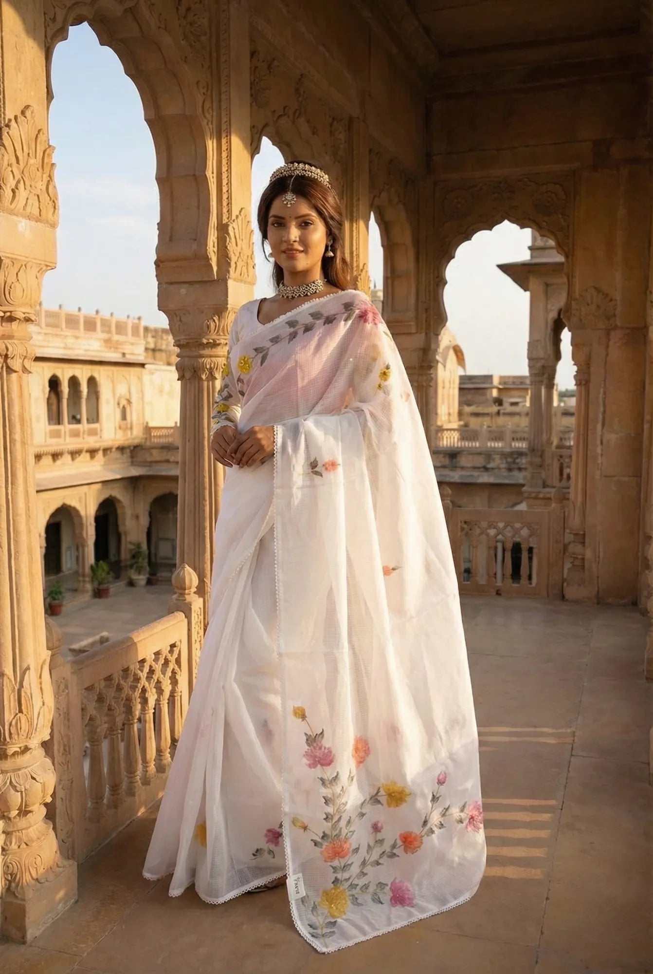 Saroj Jain L 5508 Elegant Off-White Hand-Painted Saree Front Profile