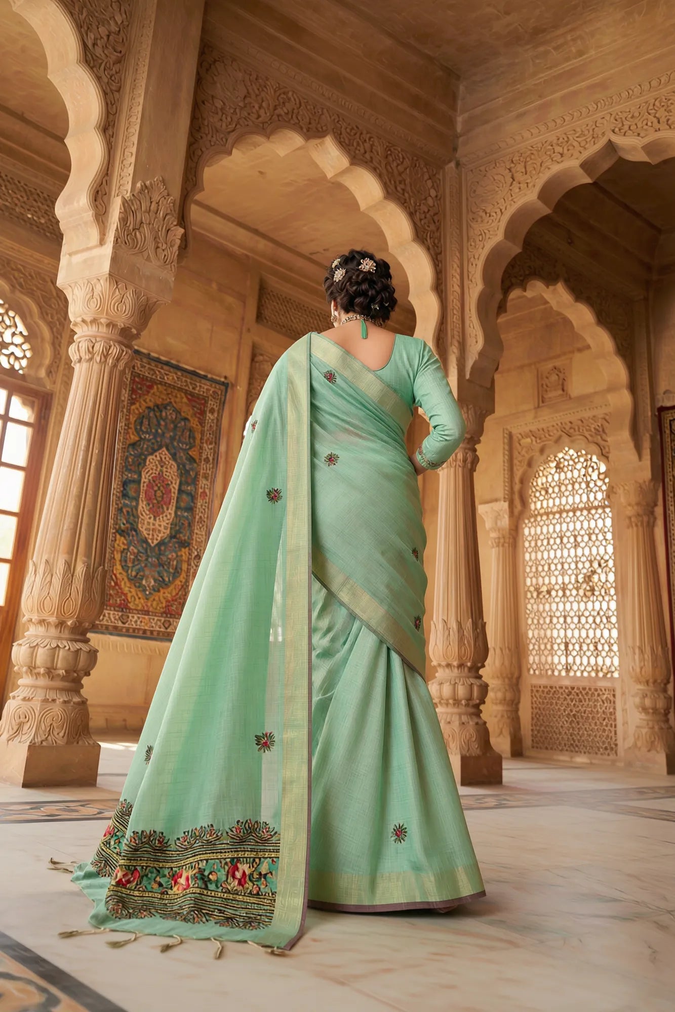Saroj Jain Sea Green Hand-Painted Saree with Floral Motifs View 21