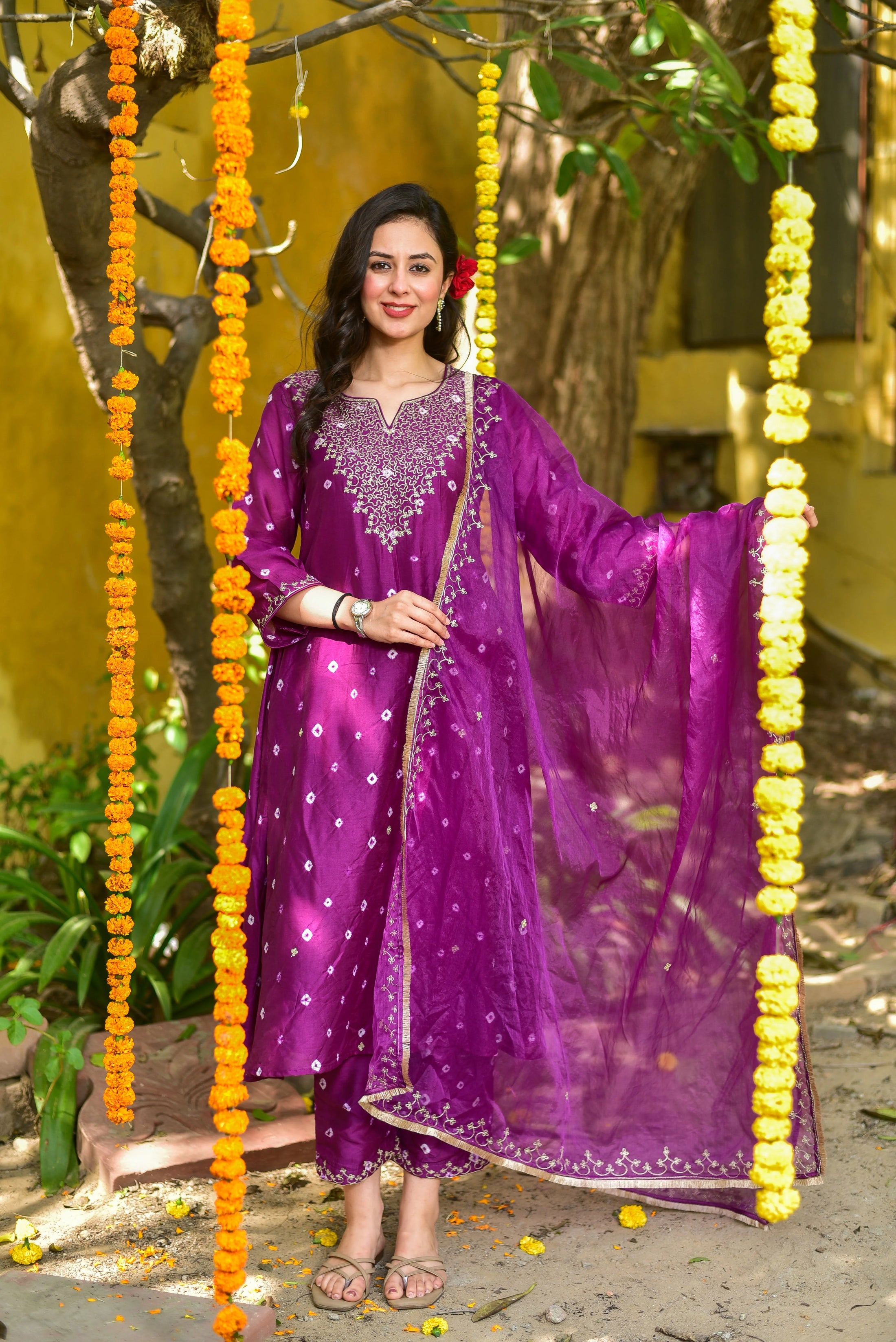 Violet Bandhej Kurta Set - close-up detail