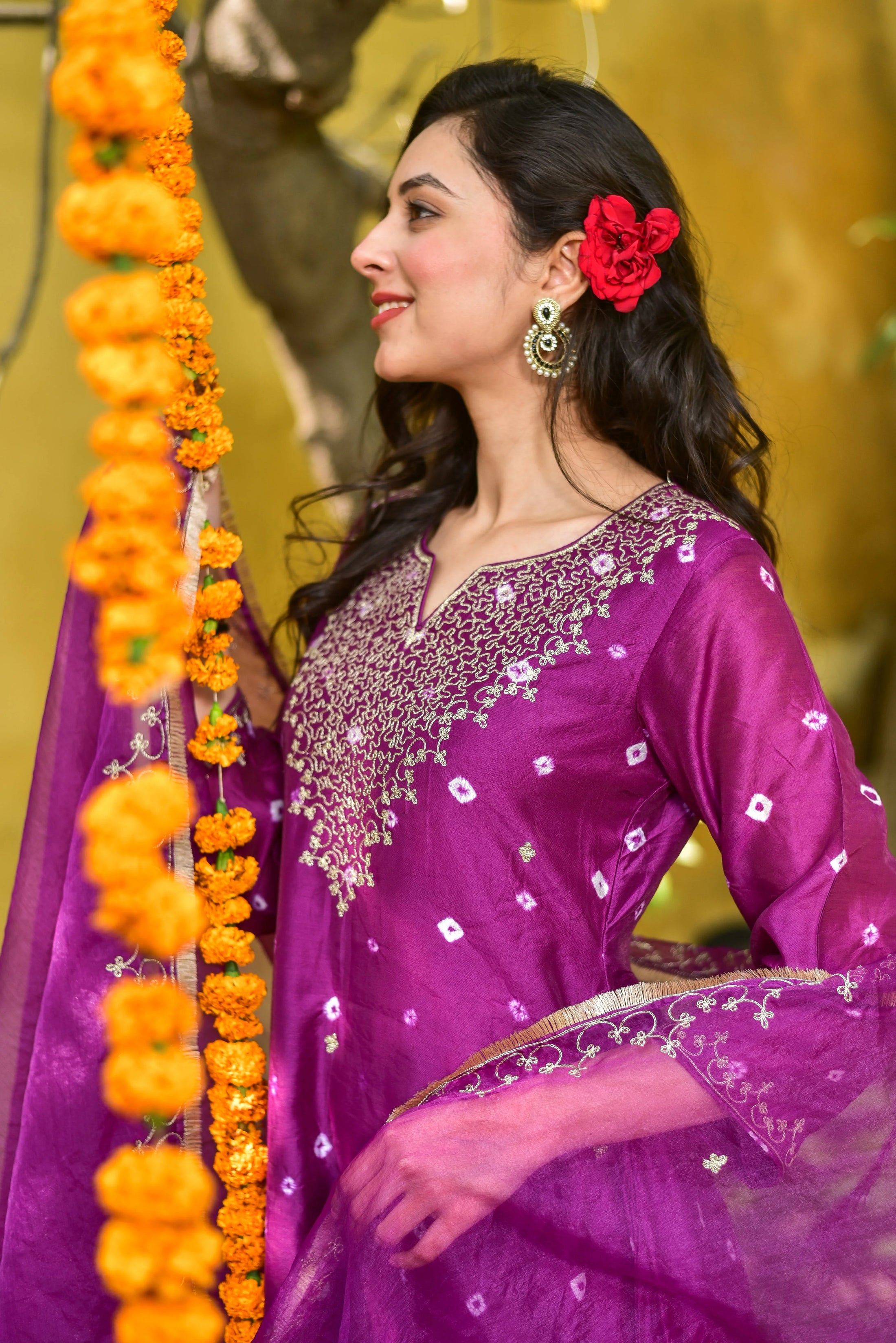 Violet Bandhej Kurta Set - back view