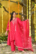 Red Bhandej Asymmetrical Kurta And Pant Set