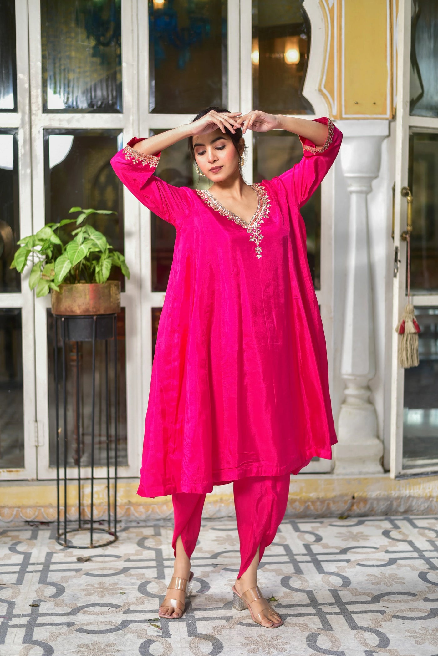Rani Pink Punjabi Style Kurta & Dhoti Set - front view