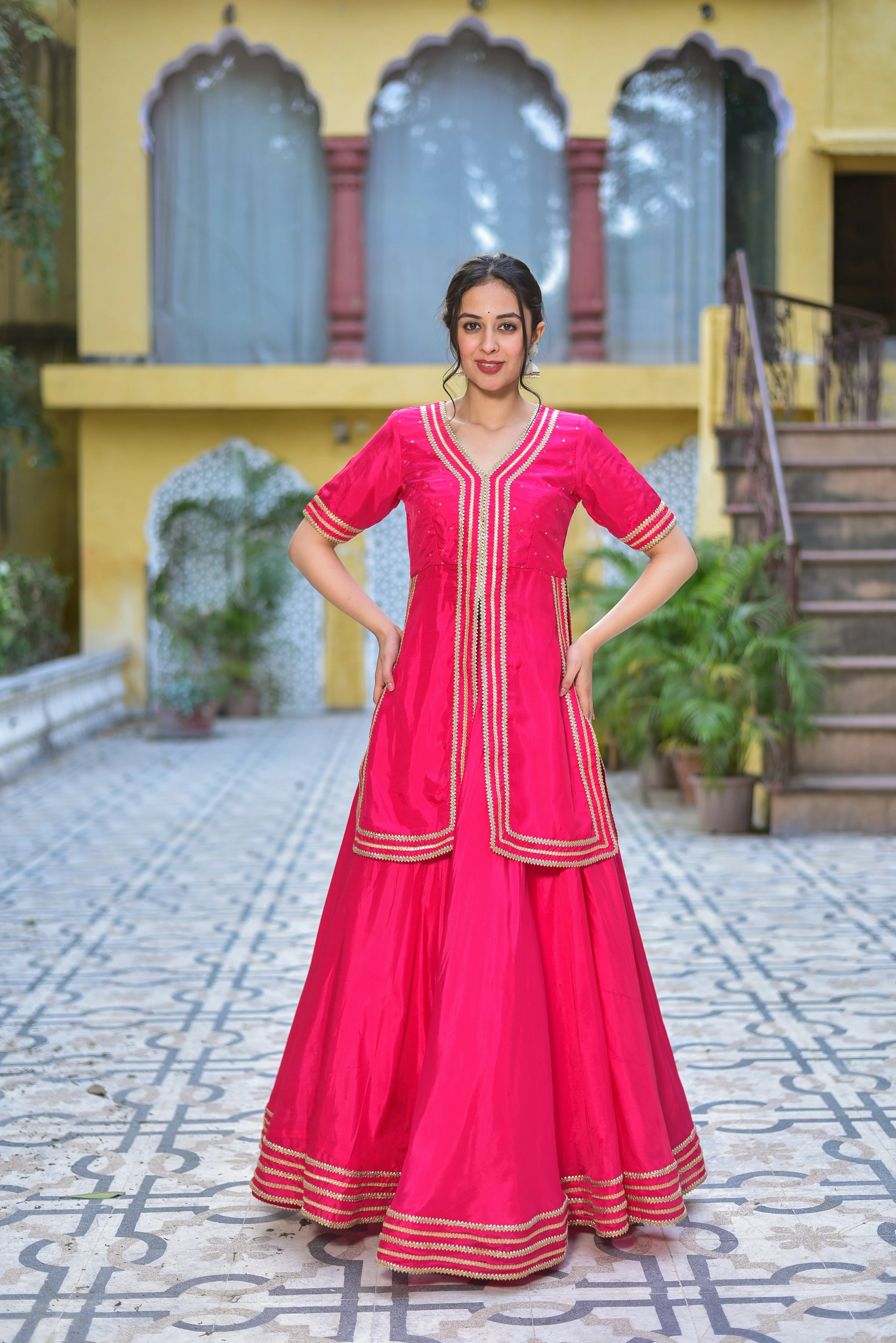 This stunning Pink Rani sa indo-western set is a perfect fusion of traditional elegance and contemporary fashion, crafted from luxurious silk blend fabric that drapes beautifully and feels incredibly soft against your skin.