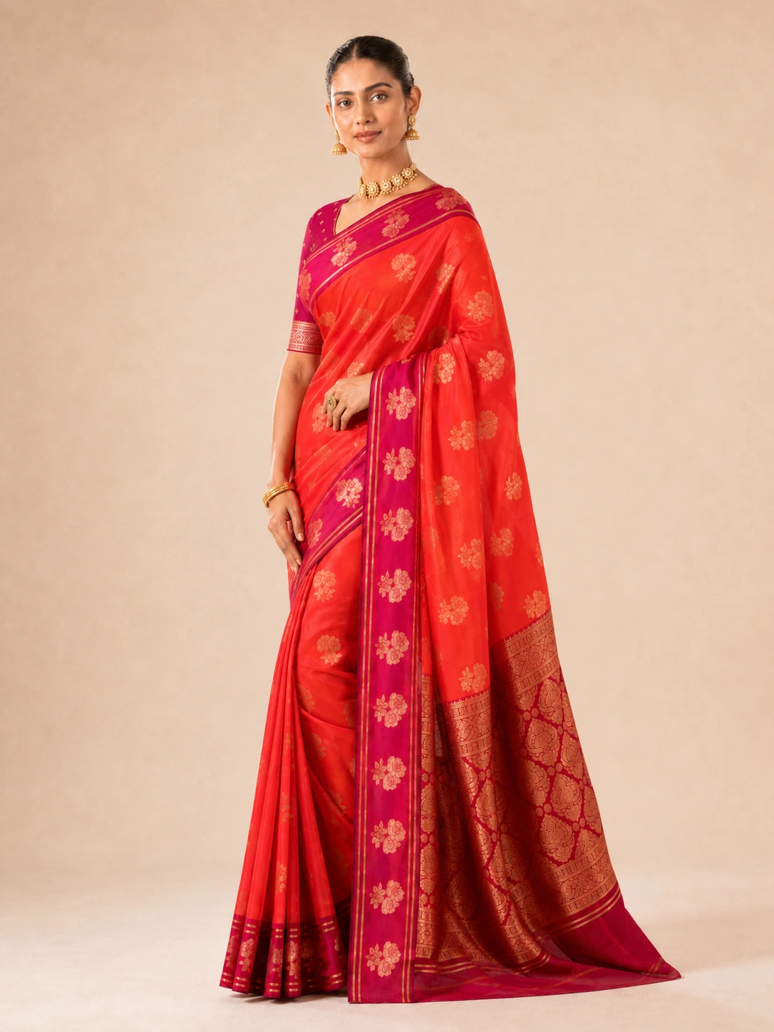 Scarlet Radiance Handwoven Tissue Fusion Saree (With Rich Fuchsia Woven Blouse)