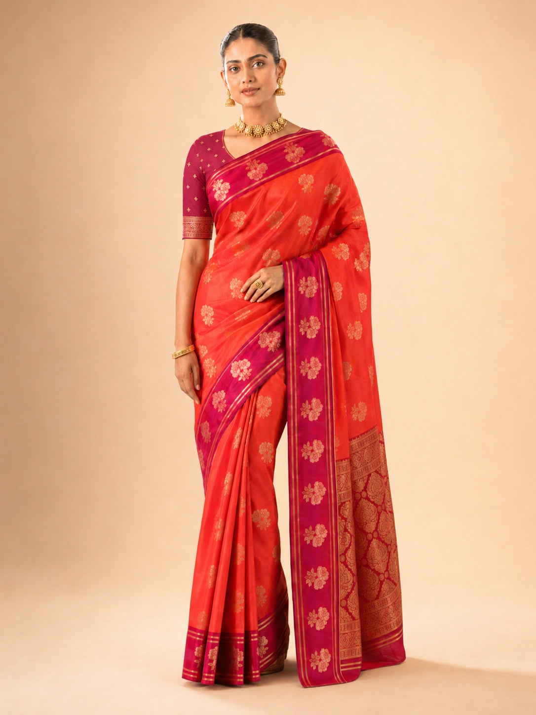 Scarlet Radiance Handwoven Tissue Fusion Saree (With Rich Fuchsia Woven Blouse)