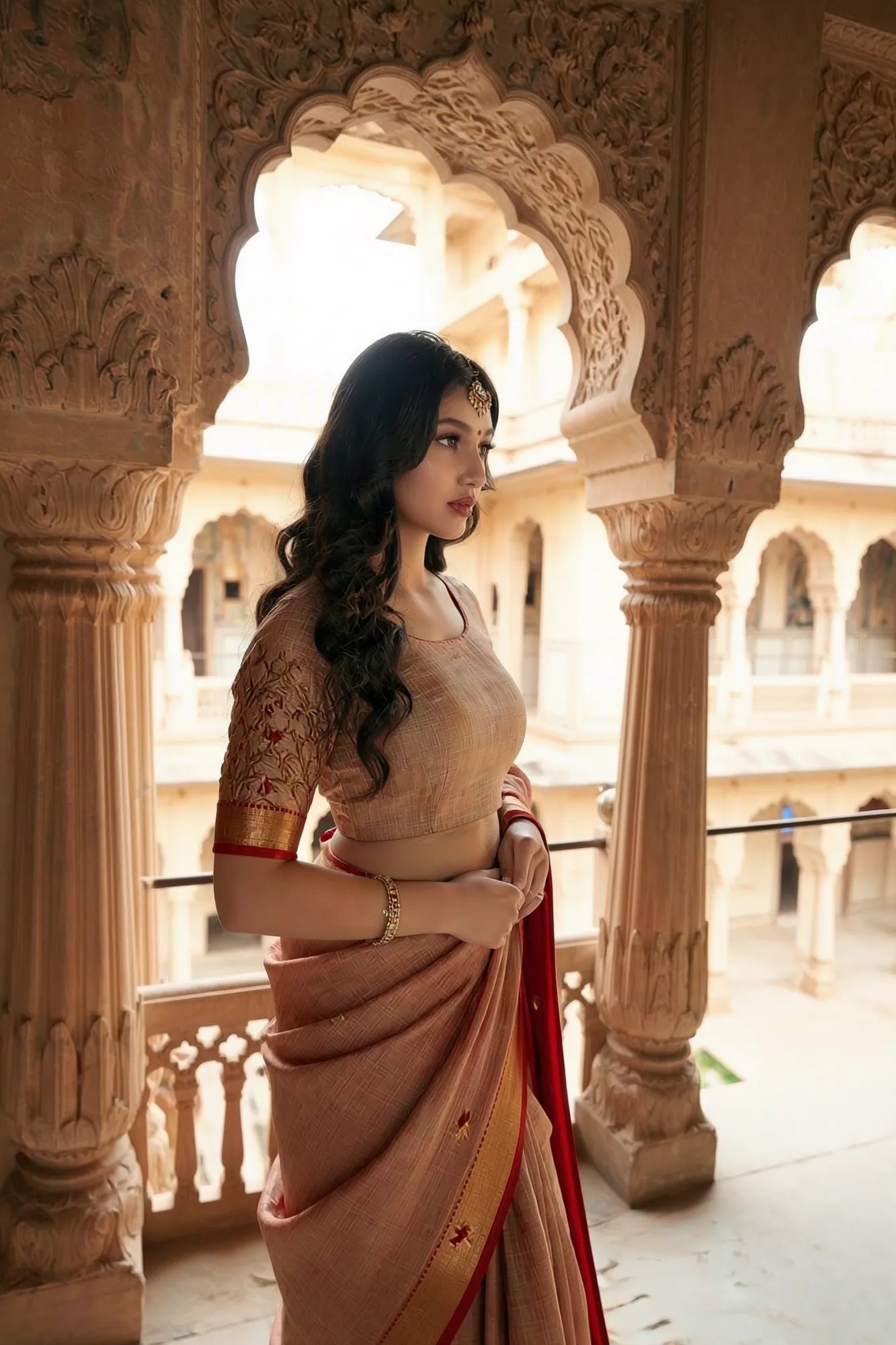 Saroj Jain Copper Rust Crush Tissue Saree with Embroidery View 6