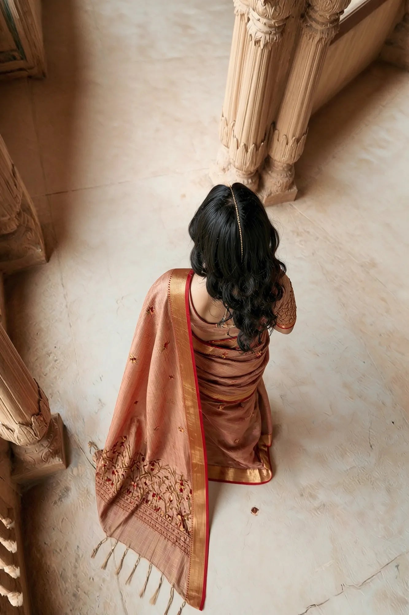 Saroj Jain Copper Rust Crush Tissue Saree with Embroidery View 7