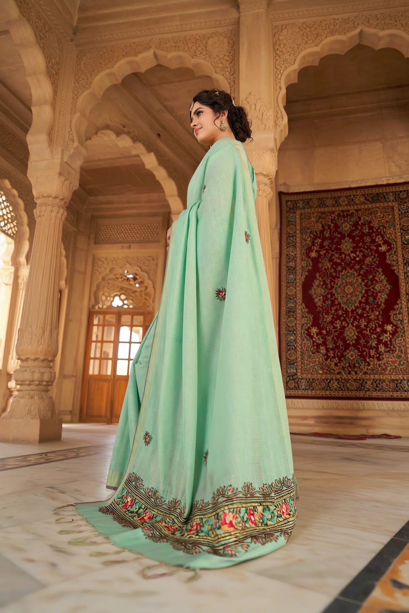 Saroj Jain Sea Green Hand-Painted Saree with Floral Motifs View 8