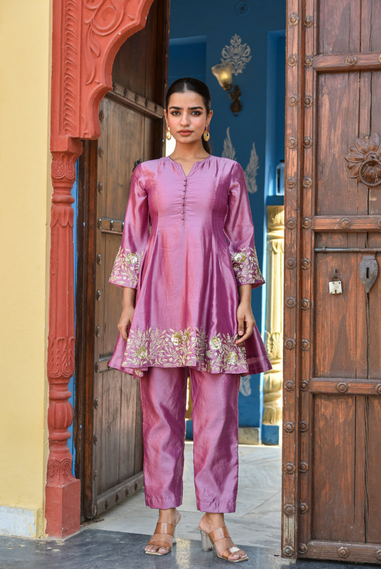 Dark Mauve Heavy Embroidery Co-Ord Set Side View - Designer Ethnic Wear