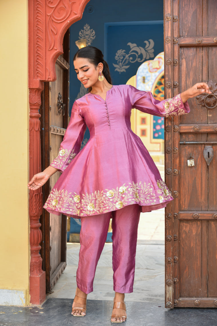 Dark Mauve Heavy Embroidery Co-Ord Set Detail Shot - Designer Ethnic Wear