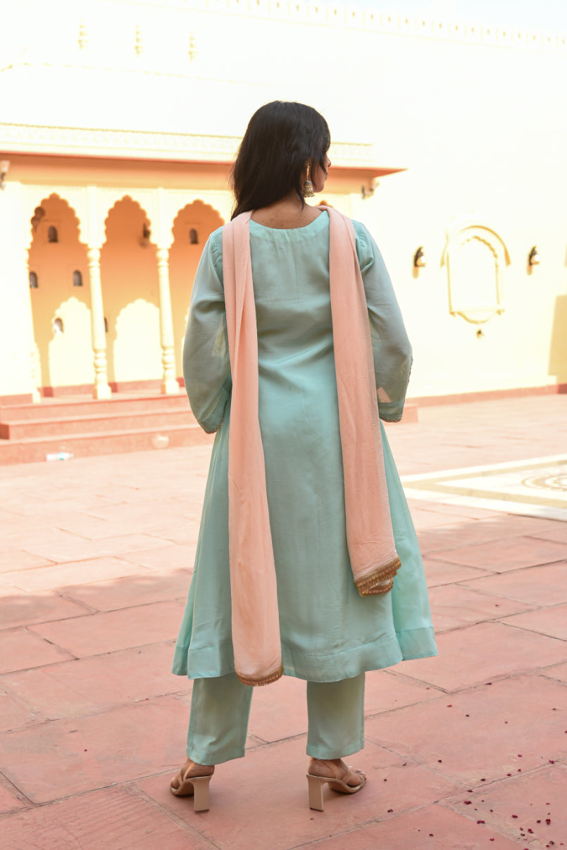 Sea Green Embroidery Kurta Set Full Look - Designer Ethnic Wear