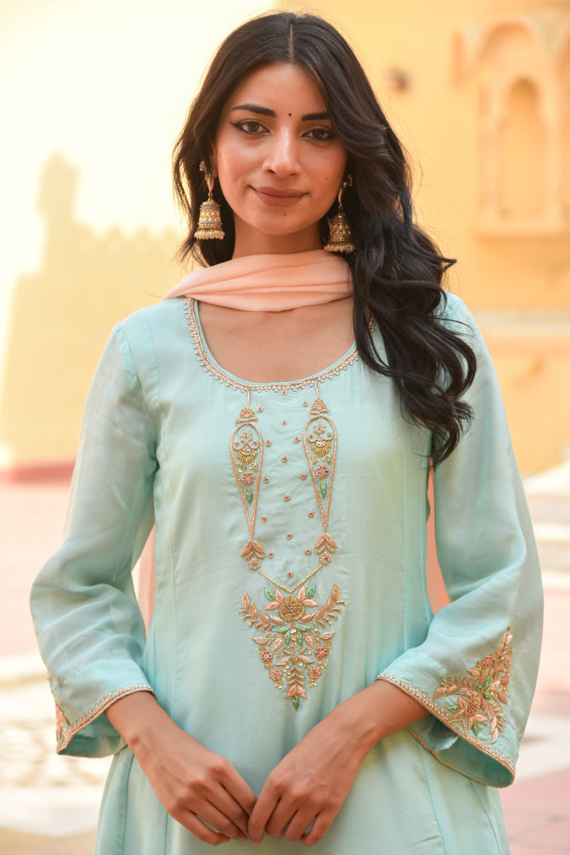 Sea Green Embroidery Kurta Set View 9 - Designer Ethnic Wear