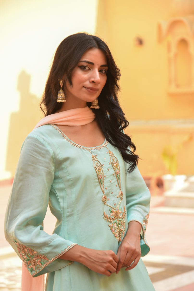 Sea Green Embroidery Kurta Set View 10 - Designer Ethnic Wear