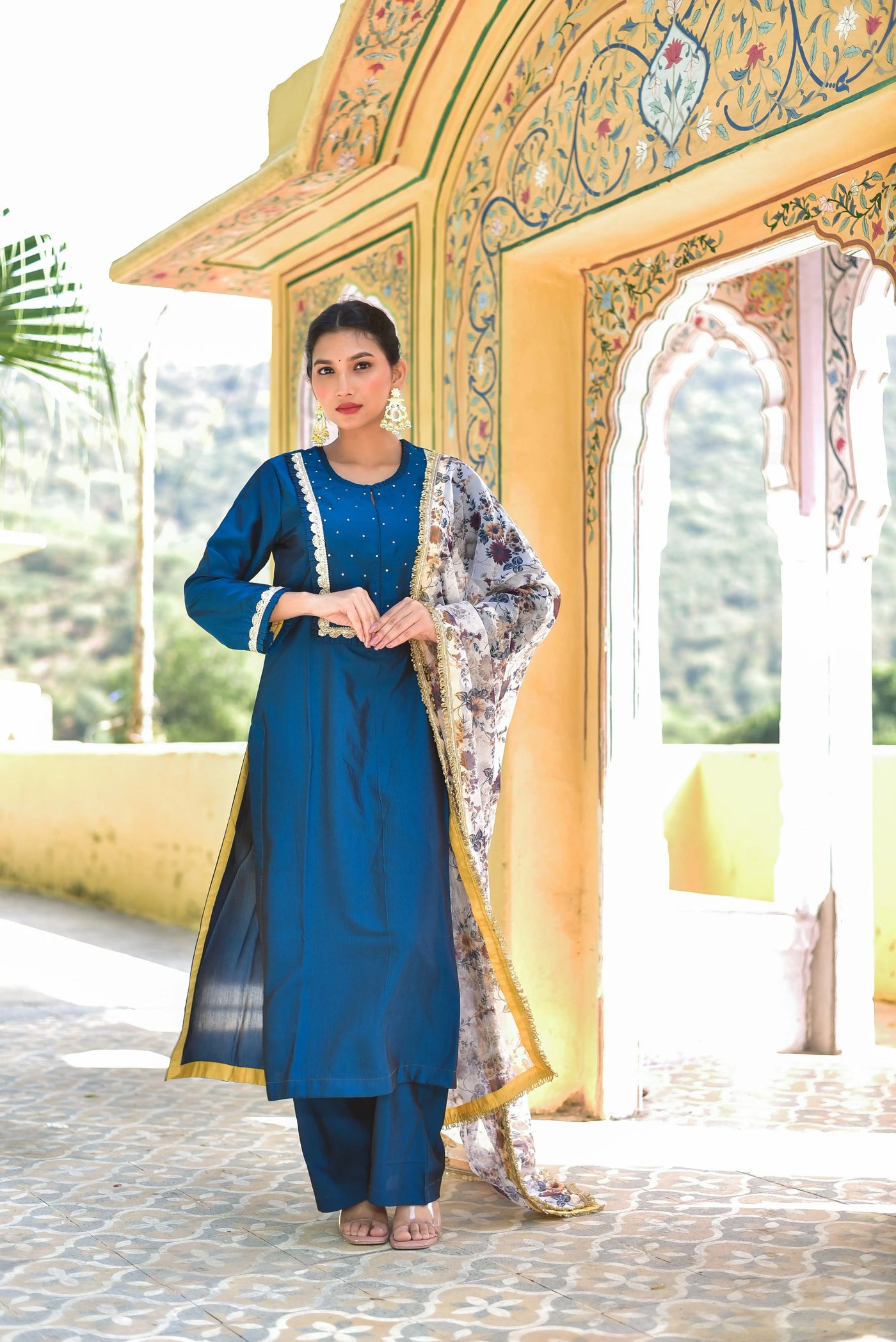 Peacock Blue Kurta & Pant With Floral Dupatta - front view
