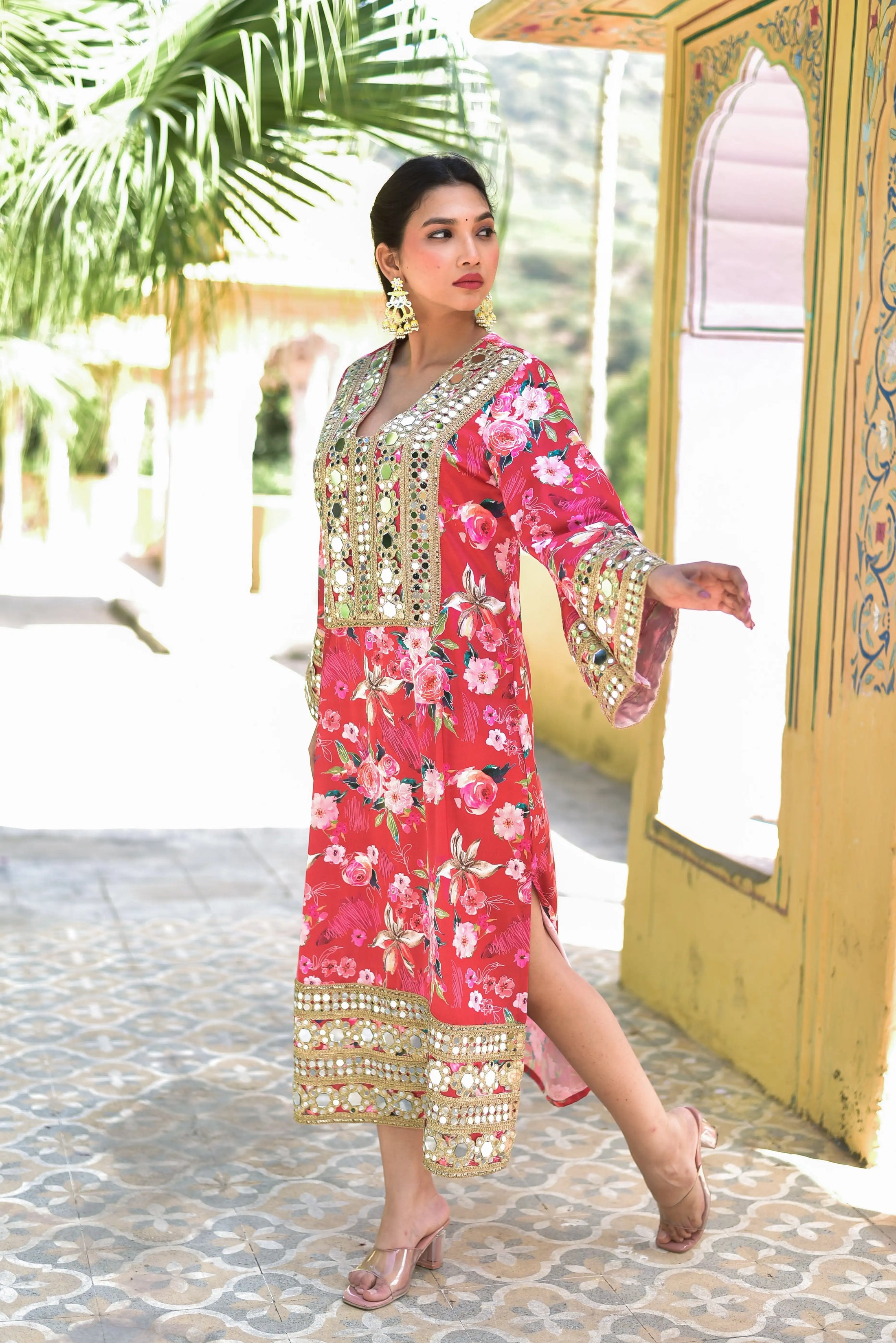 Floral Rosy Satin Afghani Dress - back view