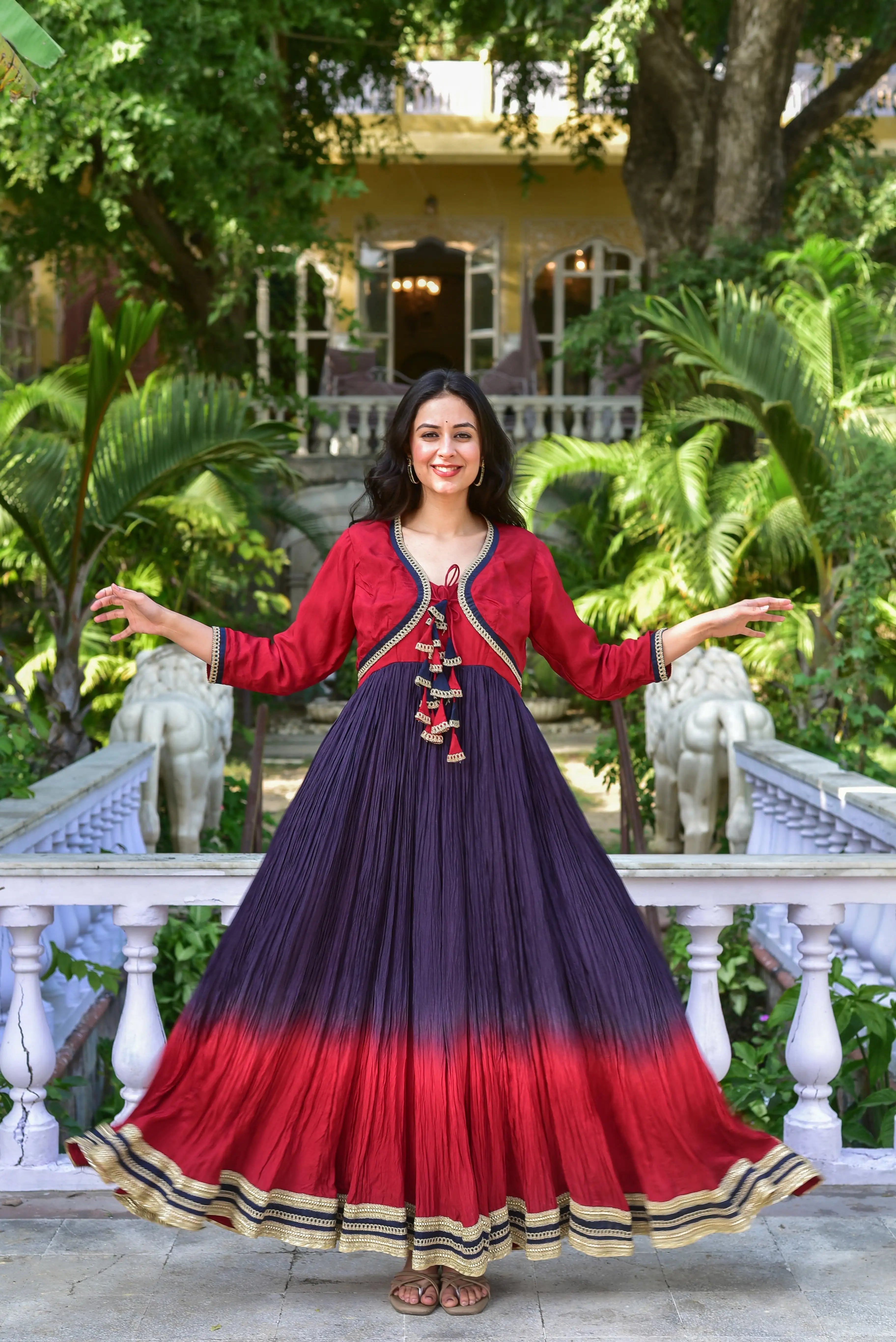 The Twilight Ombre Gown With Jacket - a breathtakingly elegant and trendy ensemble that exudes sophistication and style. Crafted from luxurious silk fabric, this stunning piece features a mesmerizing ombre effect that transitions seamlessly from one color to another, evoking the magic of twilight.

The gown's elegant design is accentuated by its flowy silhouette, which drapes beautifully on the body, creating a sense of fluidity and movement.