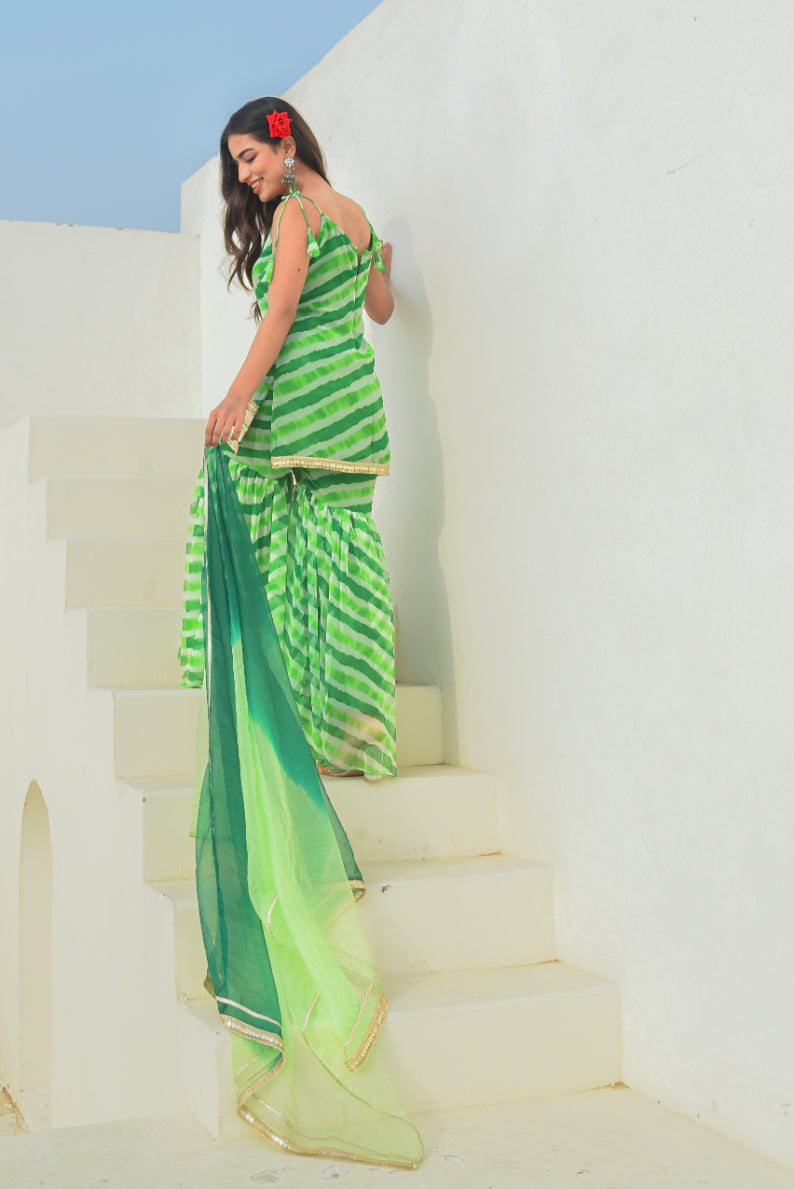 Green Leheriya Kurta Sharara Set Styling View - Designer Ethnic Wear