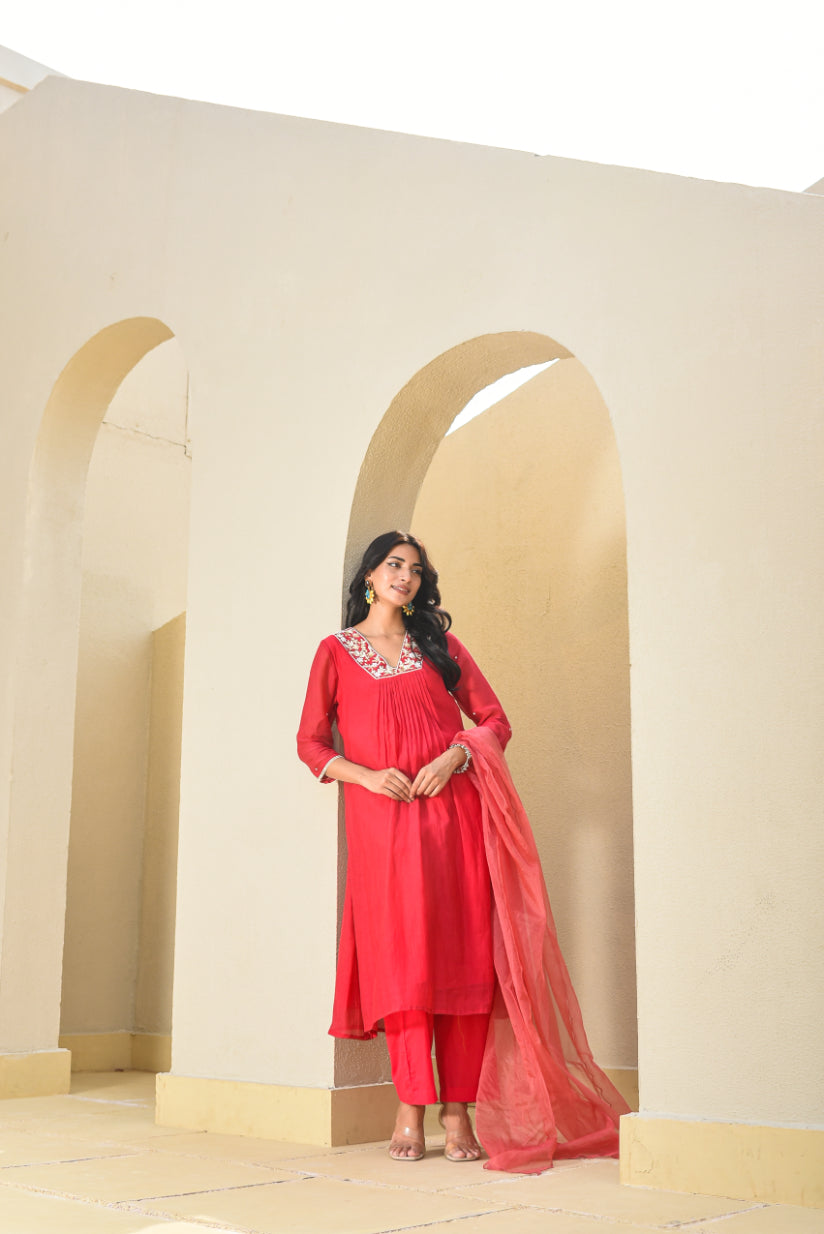 Cherry Red Pleated Kurta Set Side View - Designer Ethnic Wear