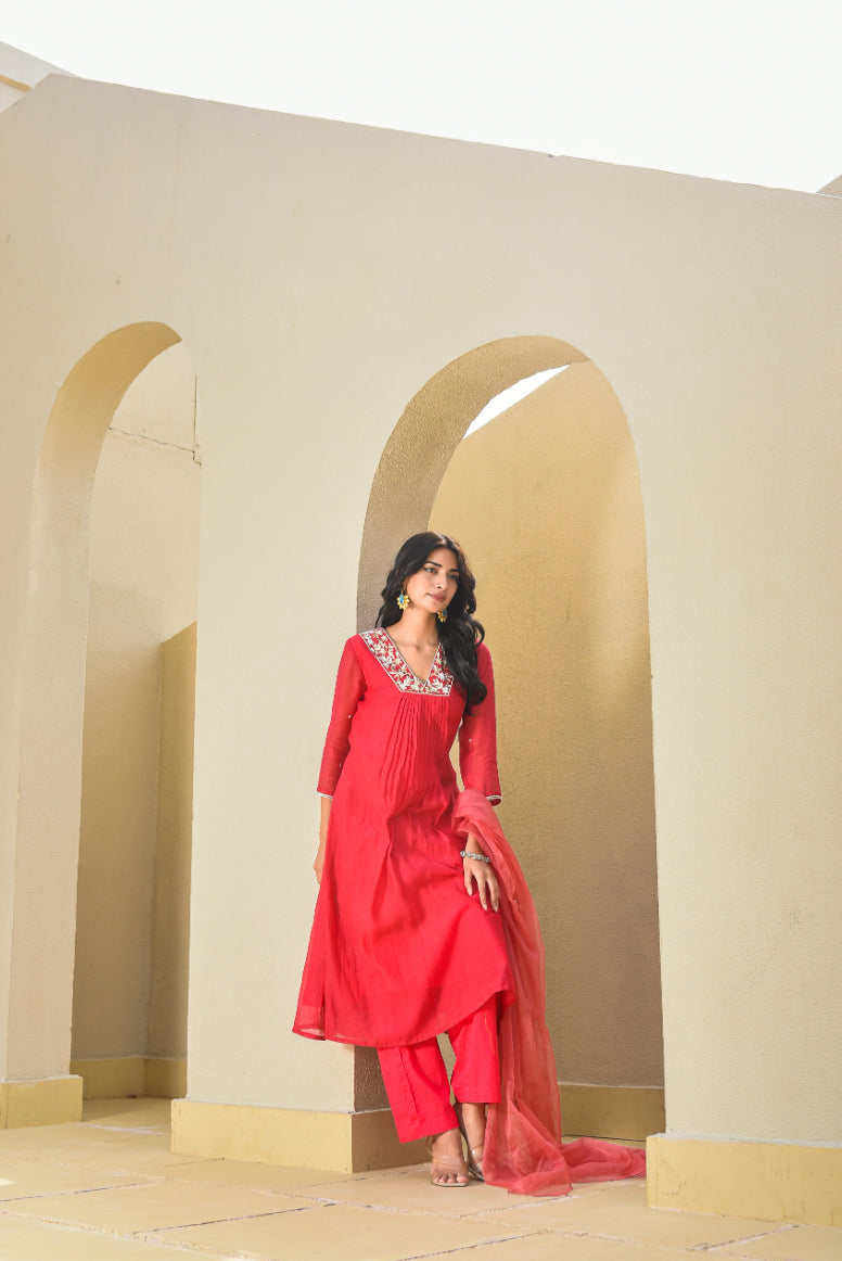 Cherry Red Pleated Kurta Set - Kurta Set for Women