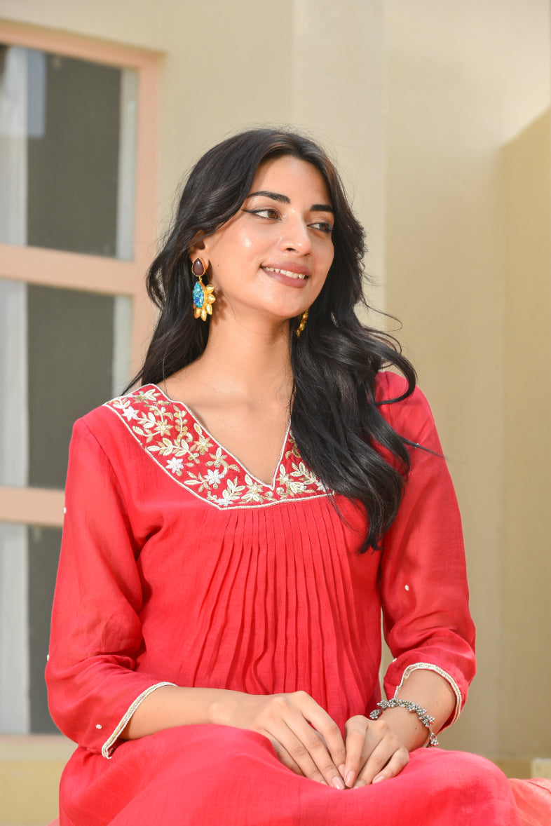 Cherry Red Pleated Kurta Set Close-up - Designer Ethnic Wear