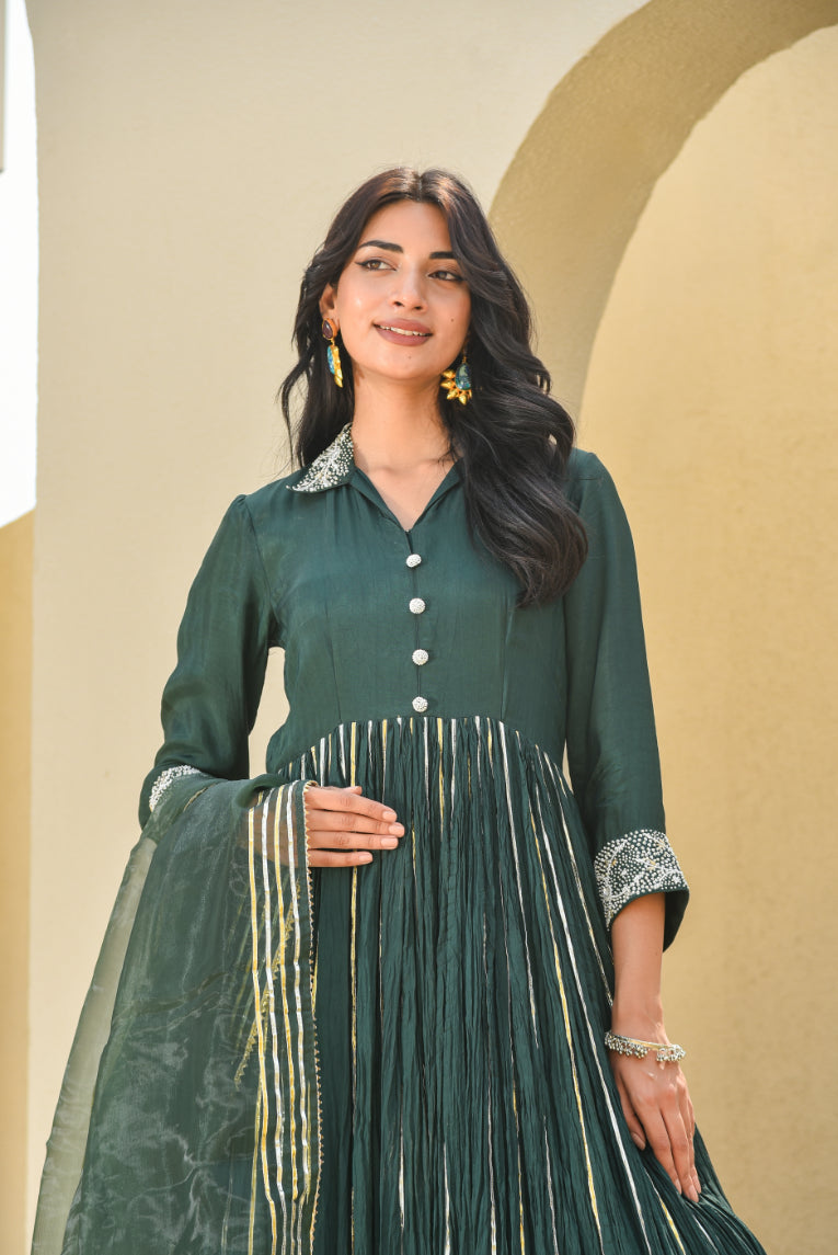 Emerald Green Heavy Work Anarkali Dress With Duppta Detail Shot - Designer Ethnic Wear