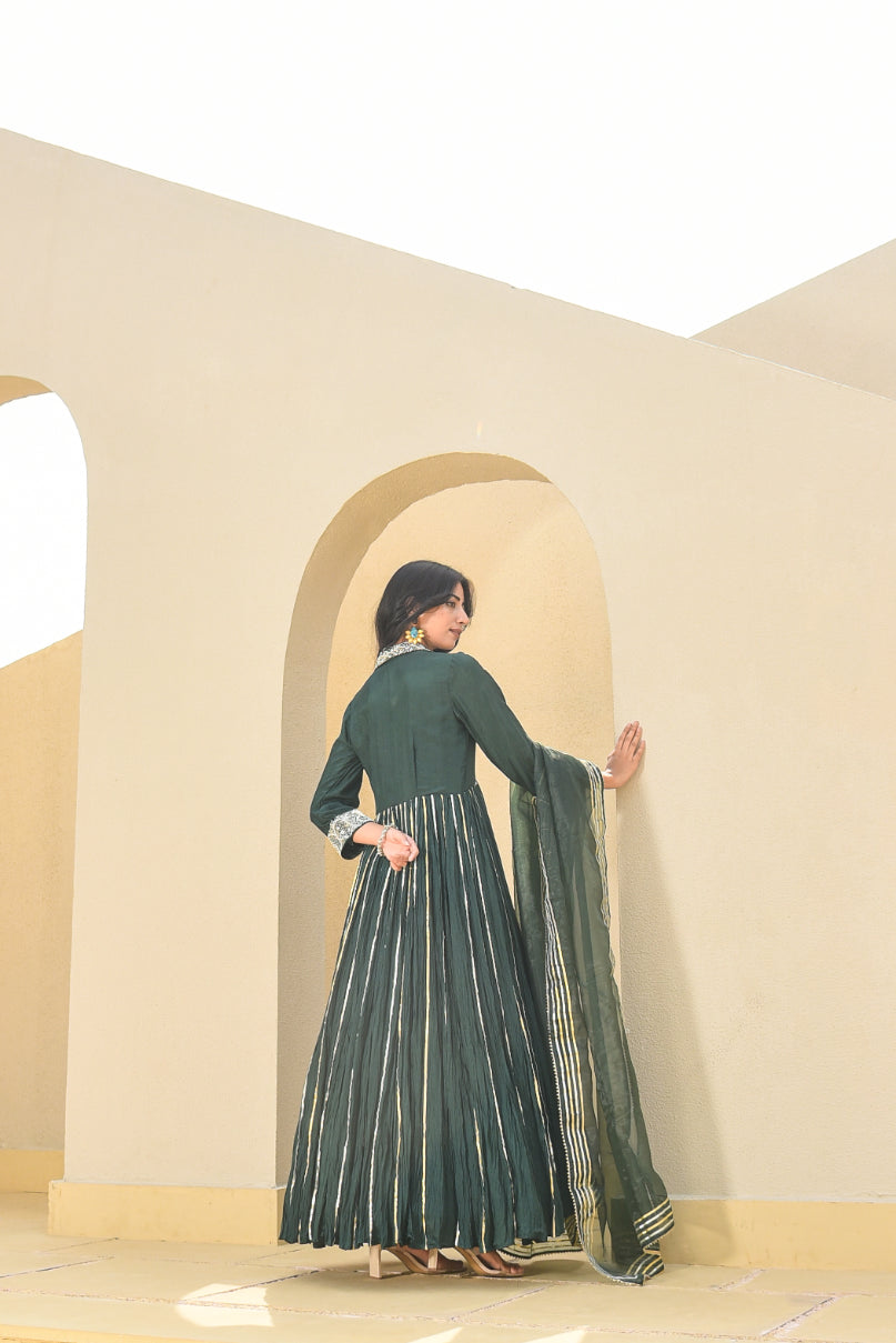 Emerald Green Heavy Work Anarkali Dress With Duppta Full Look - Designer Ethnic Wear