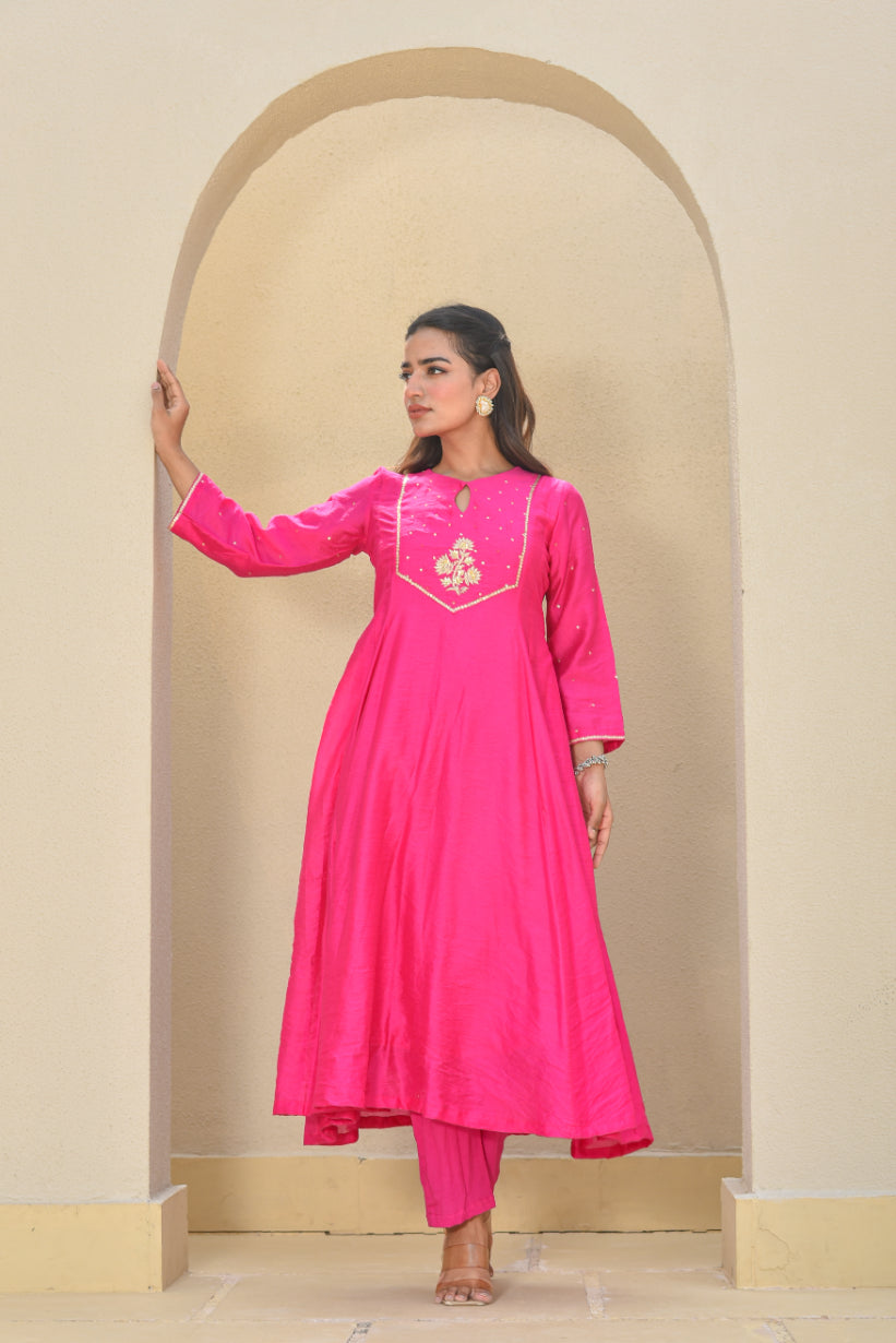 Hot Pink zardozi A-Line Kurta Set Side View - Designer Ethnic Wear