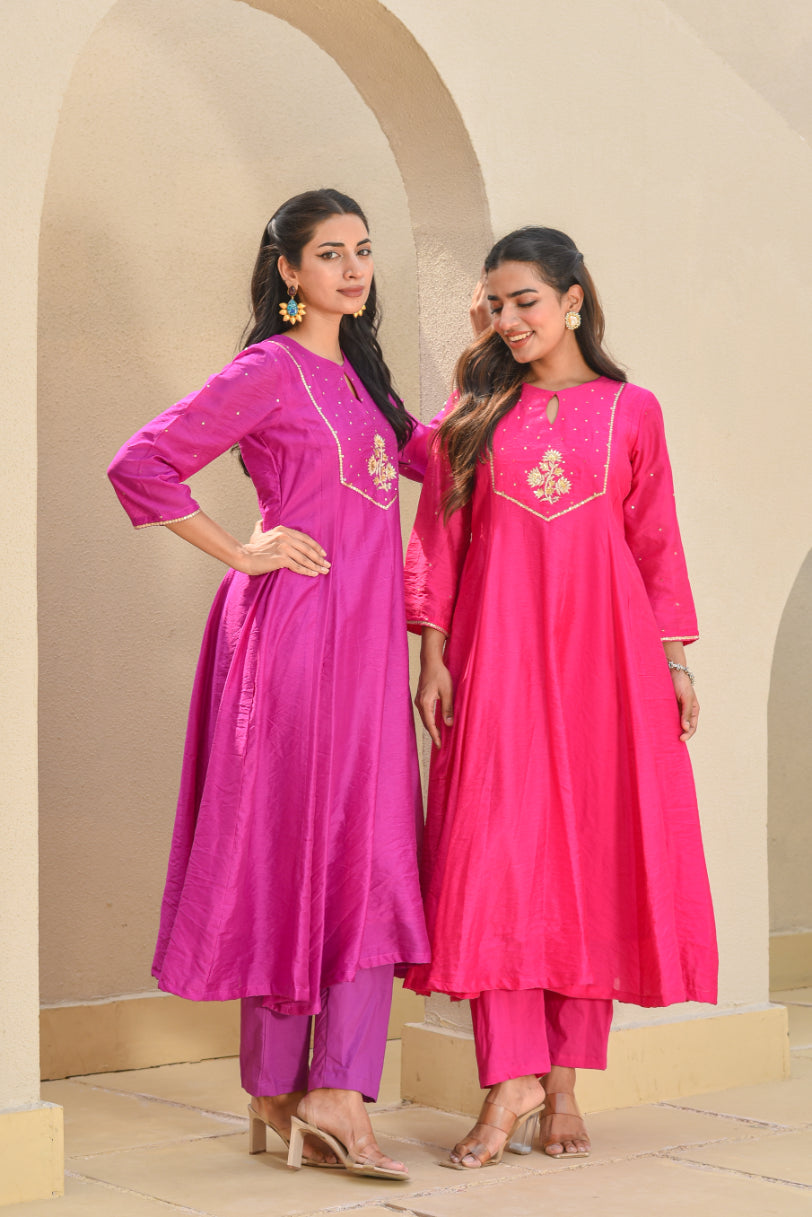 Hot Pink zardozi A-Line Kurta Set Styling View - Designer Ethnic Wear