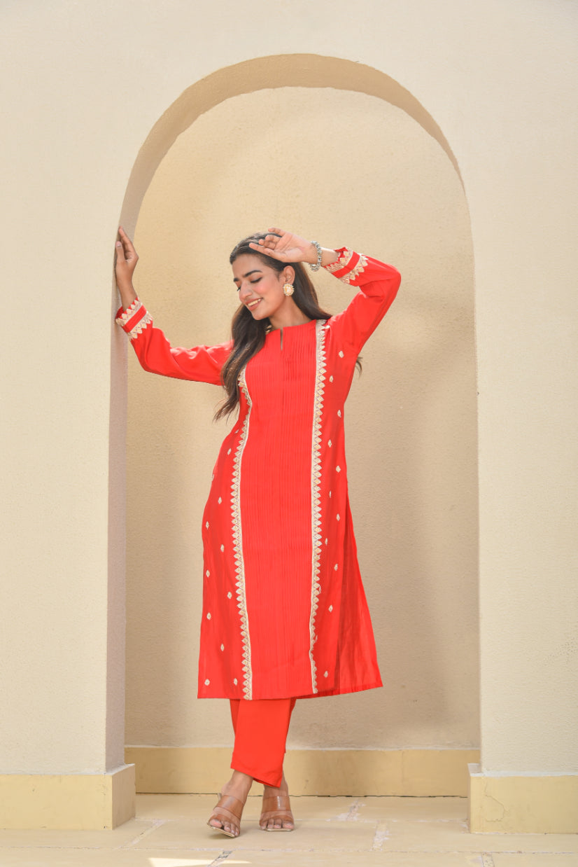 Classic Red Zari Silk Kurta Set Back View - Designer Ethnic Wear