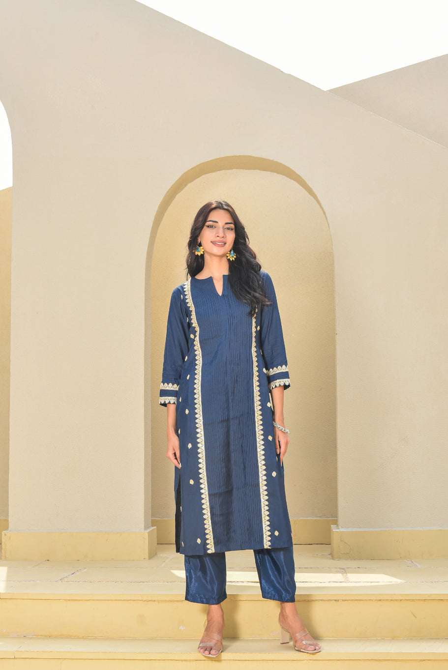 Navy Blue Zari Silk Kurta Set Side View - Designer Ethnic Wear