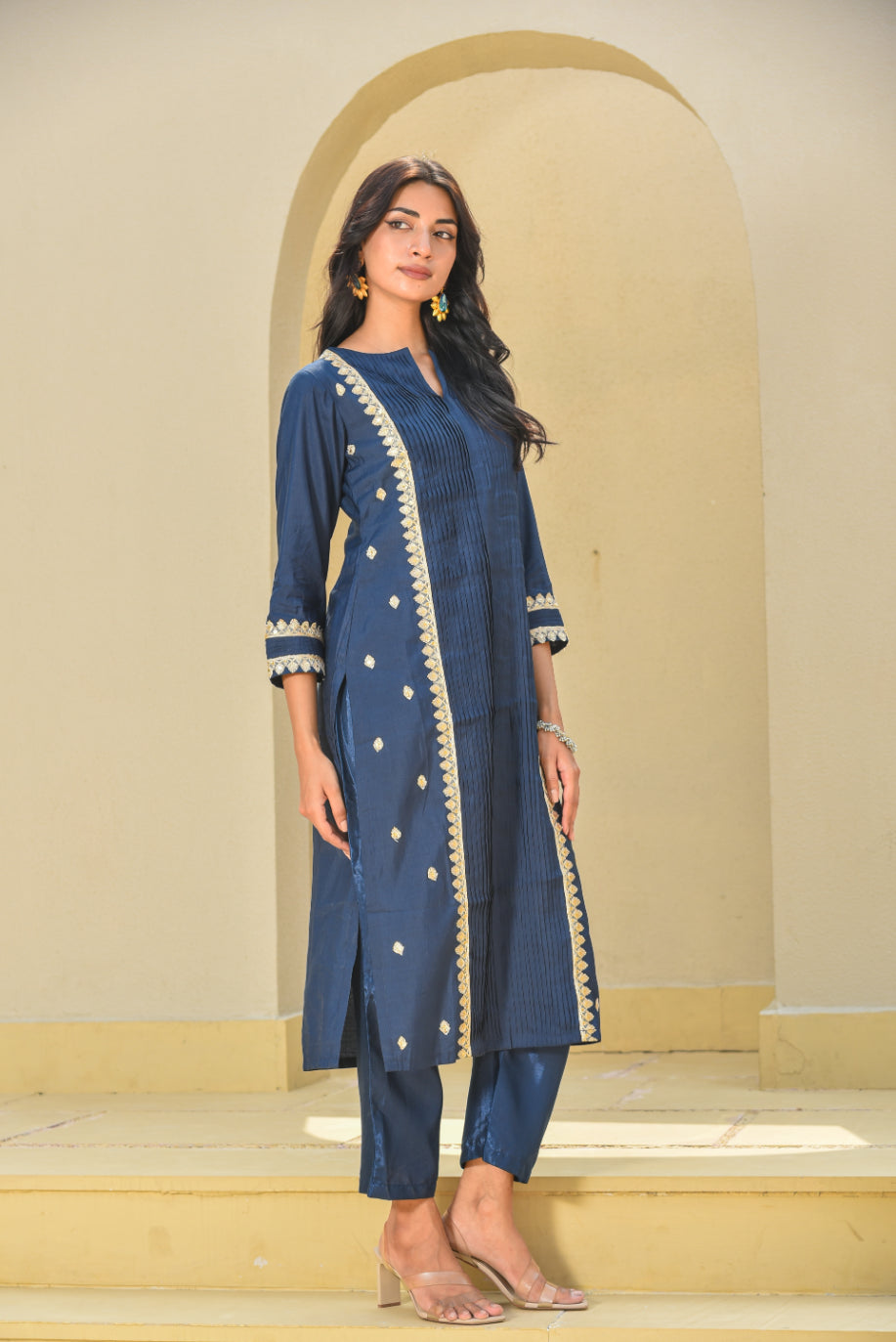 Navy Blue Zari Silk Kurta Set - Kurta Set for Women
