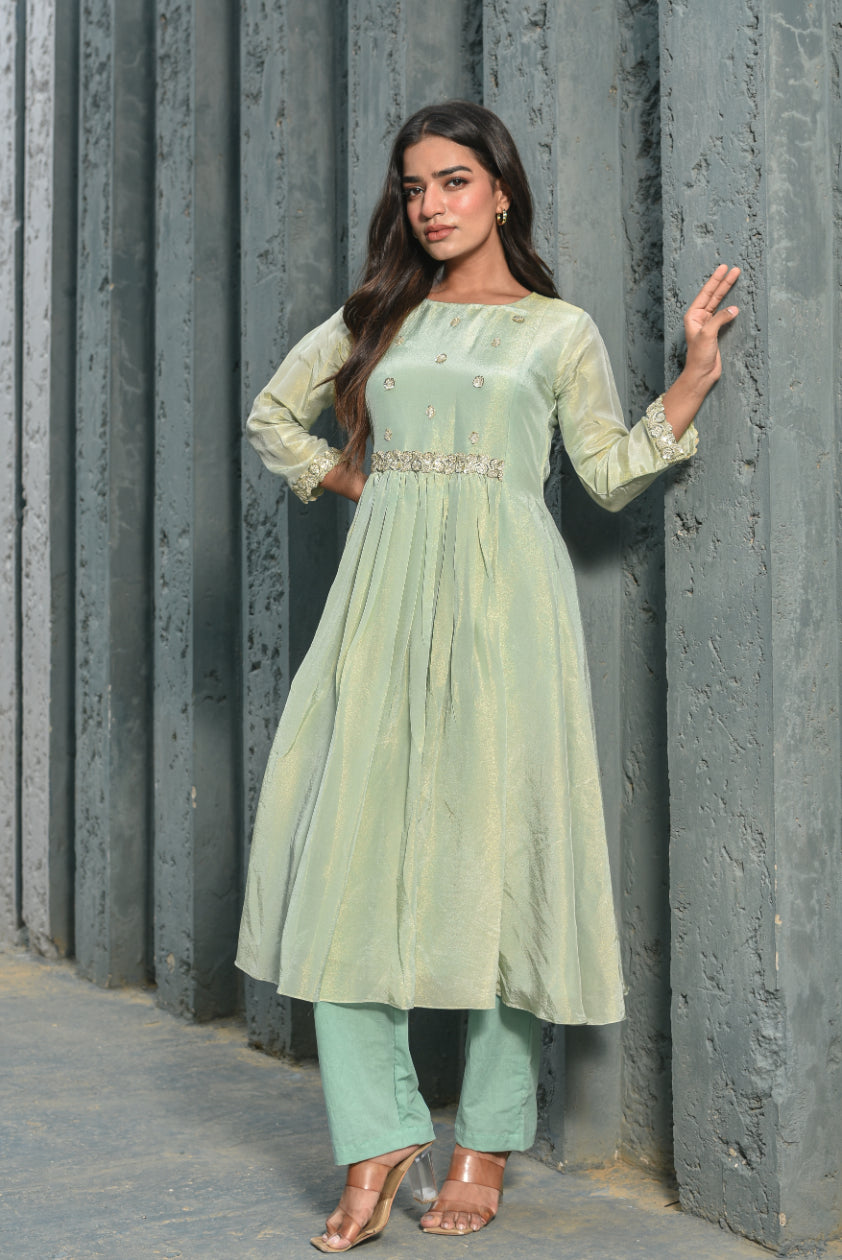 Moss Green Zari Silk Anarkali Set Back View - Designer Ethnic Wear