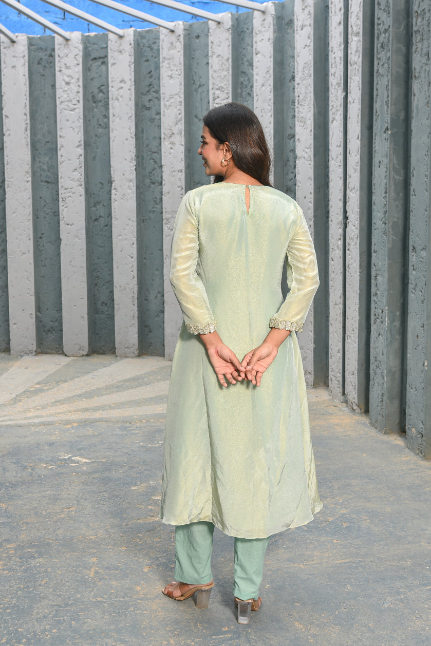 Moss Green Zari Silk Anarkali Set Model Shot - Designer Ethnic Wear