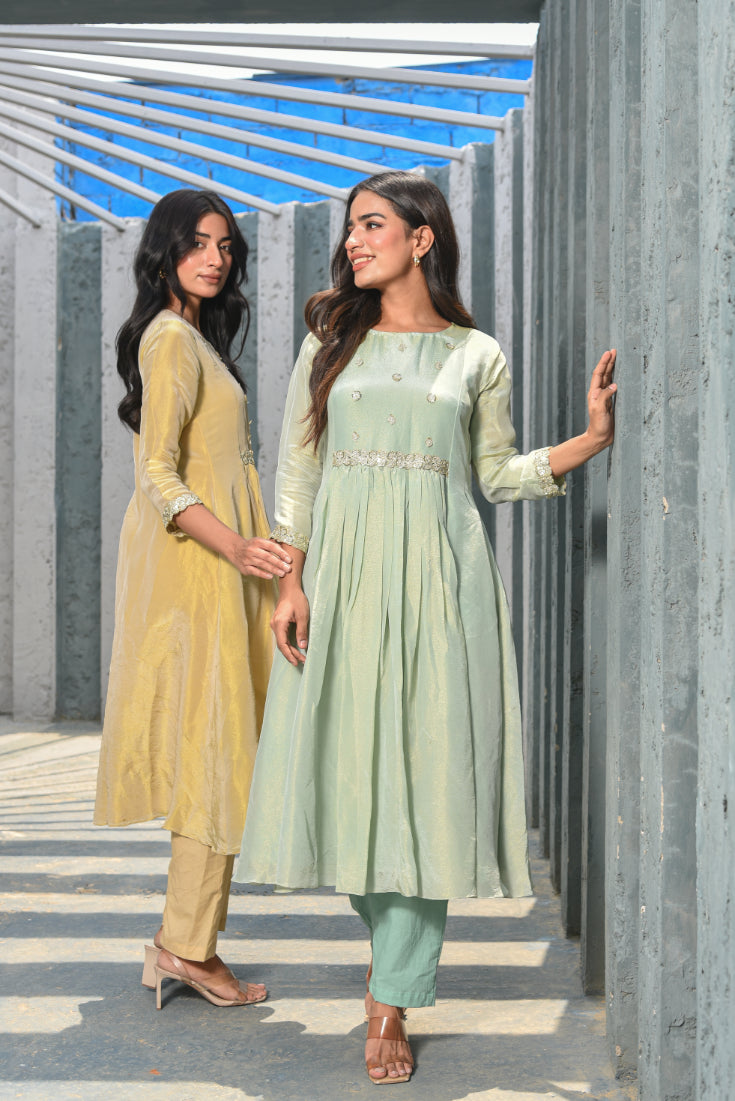 Beige Zari Silk Anarkali Set Styling View - Designer Ethnic Wear