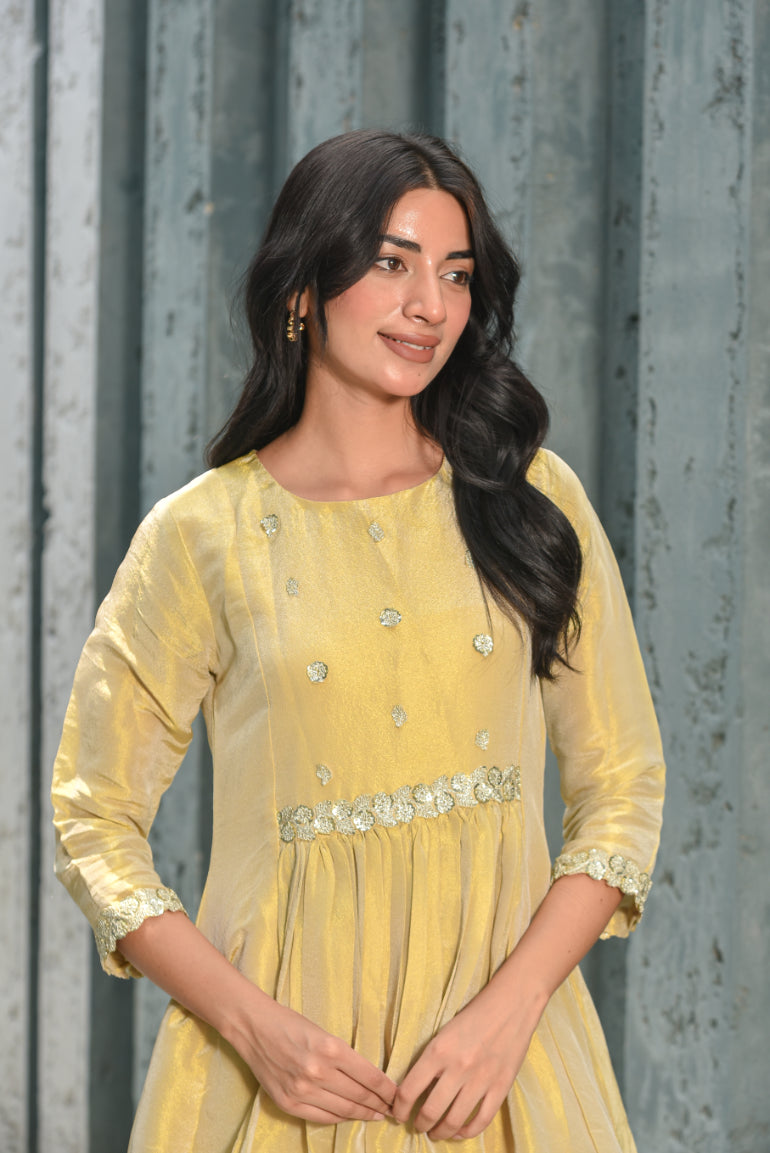 Beige Zari Silk Anarkali Set Close-up - Designer Ethnic Wear