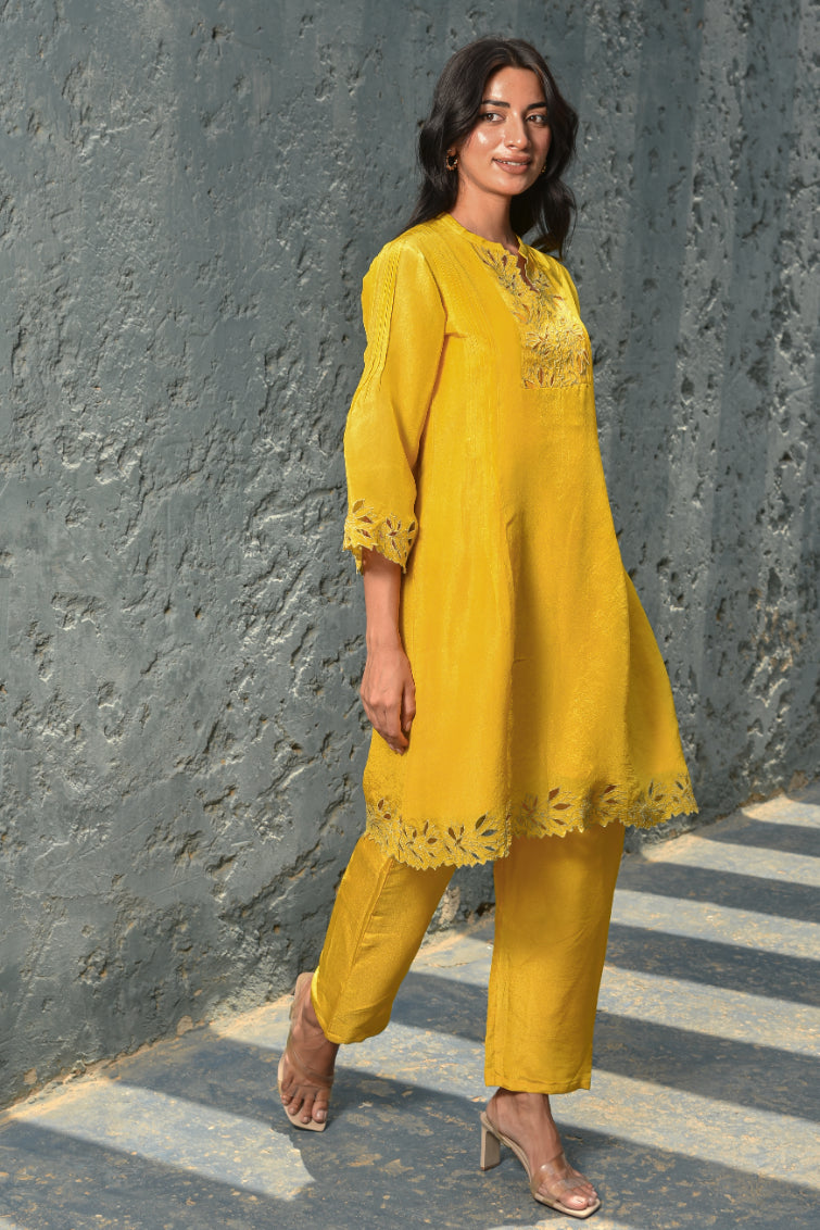 Daffodil Yellow Zari Silk Kurta Set Close-up - Designer Ethnic Wear