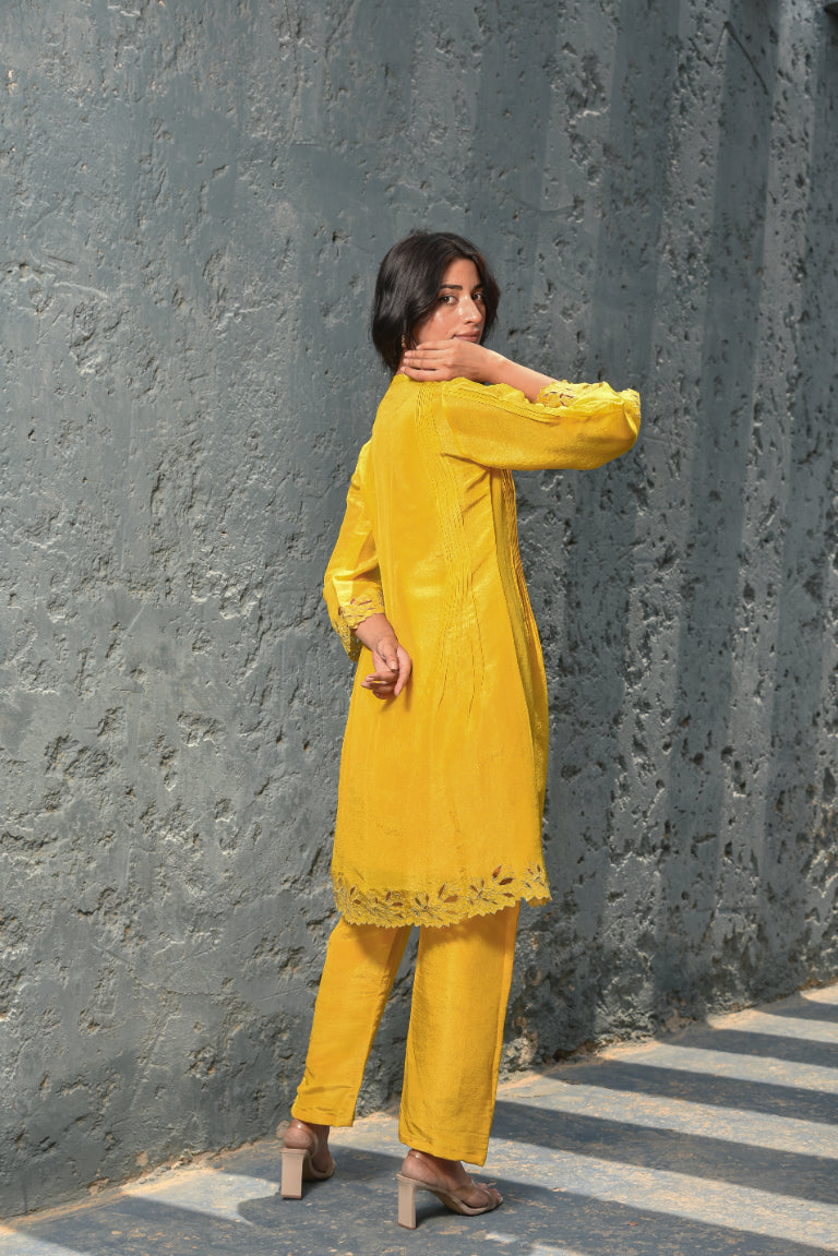 Daffodil Yellow Zari Silk Kurta Set Styling View - Designer Ethnic Wear