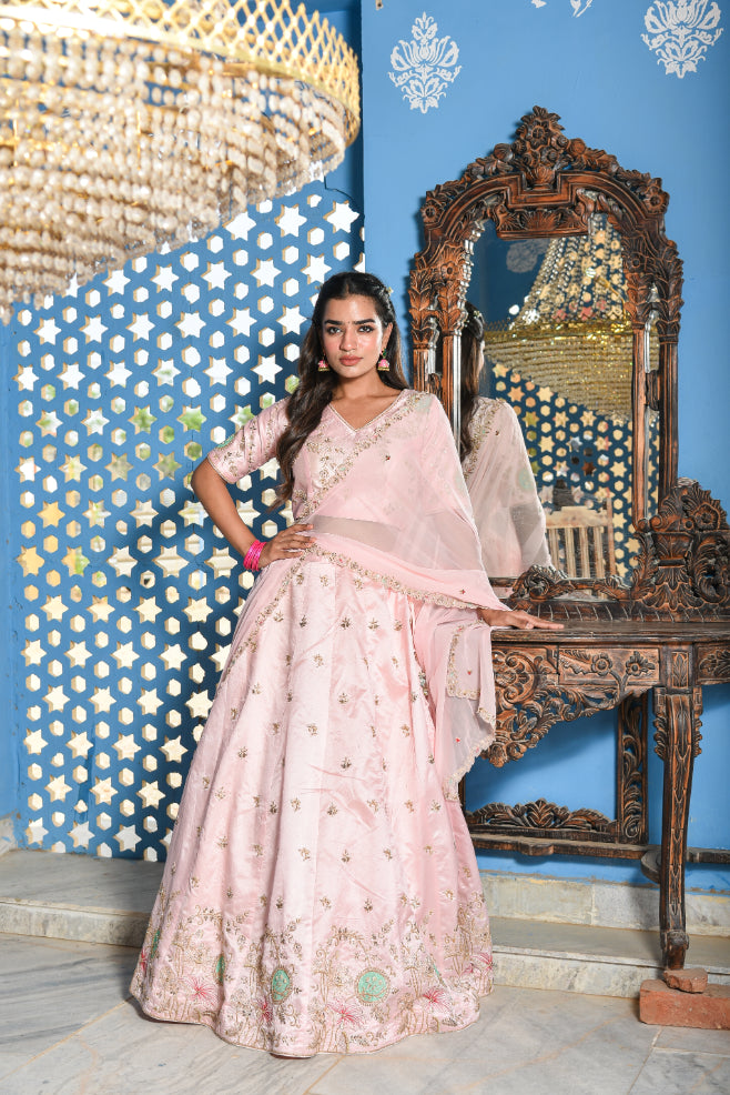 Blush Pink Heavy Embroidery Lehenga Set Side View - Designer Ethnic Wear