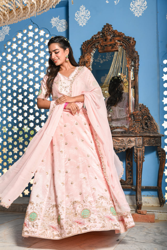 Blush Pink Heavy Embroidery Lehenga Set Close-up - Designer Ethnic Wear