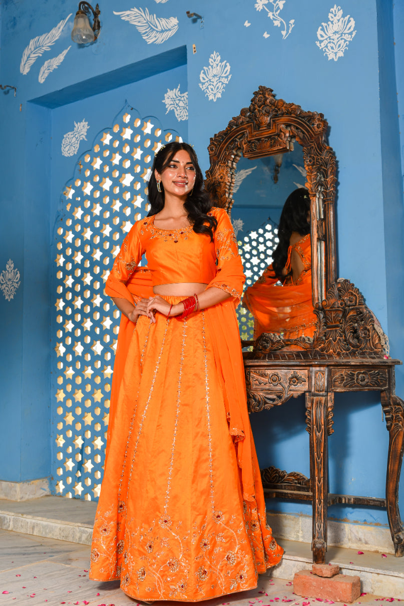 Orange Heavy Embroidery  Lehenga Set Side View - Designer Ethnic Wear