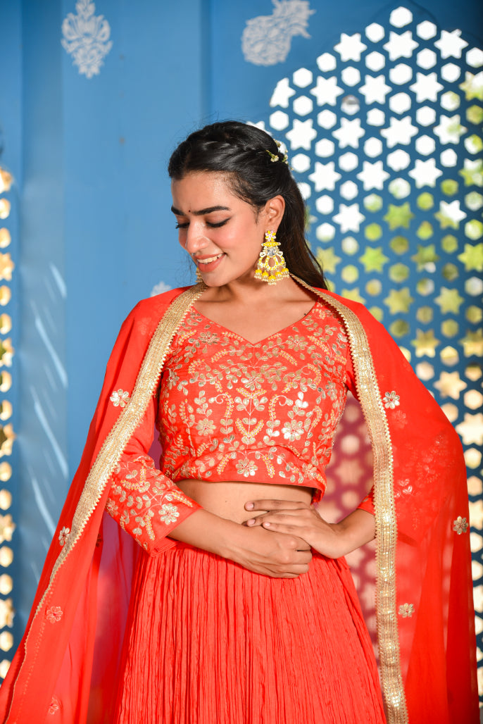 Dust Orange Gotta Patti Lehenga Set Close-up - Designer Ethnic Wear